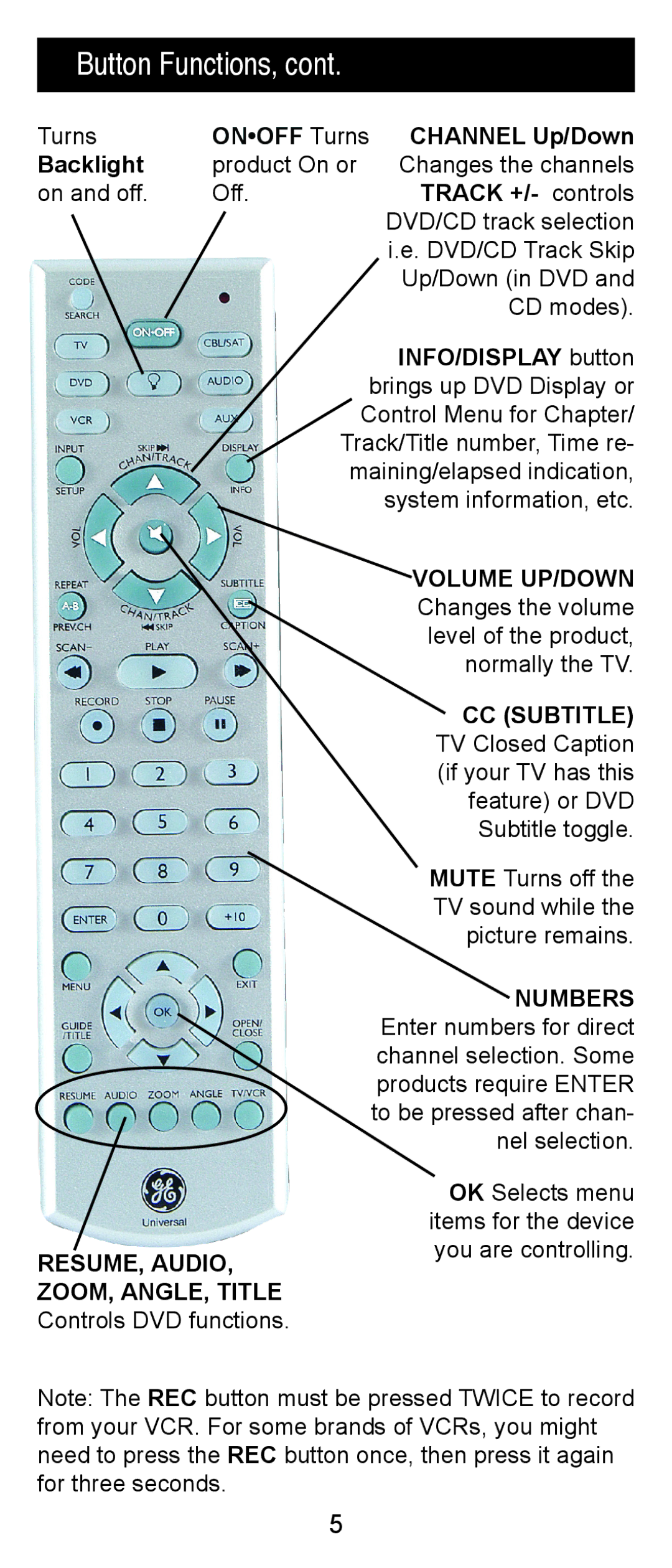 Jasco RM84918, RM24918 instruction manual Button Functions, INFO/DISPLAY button 