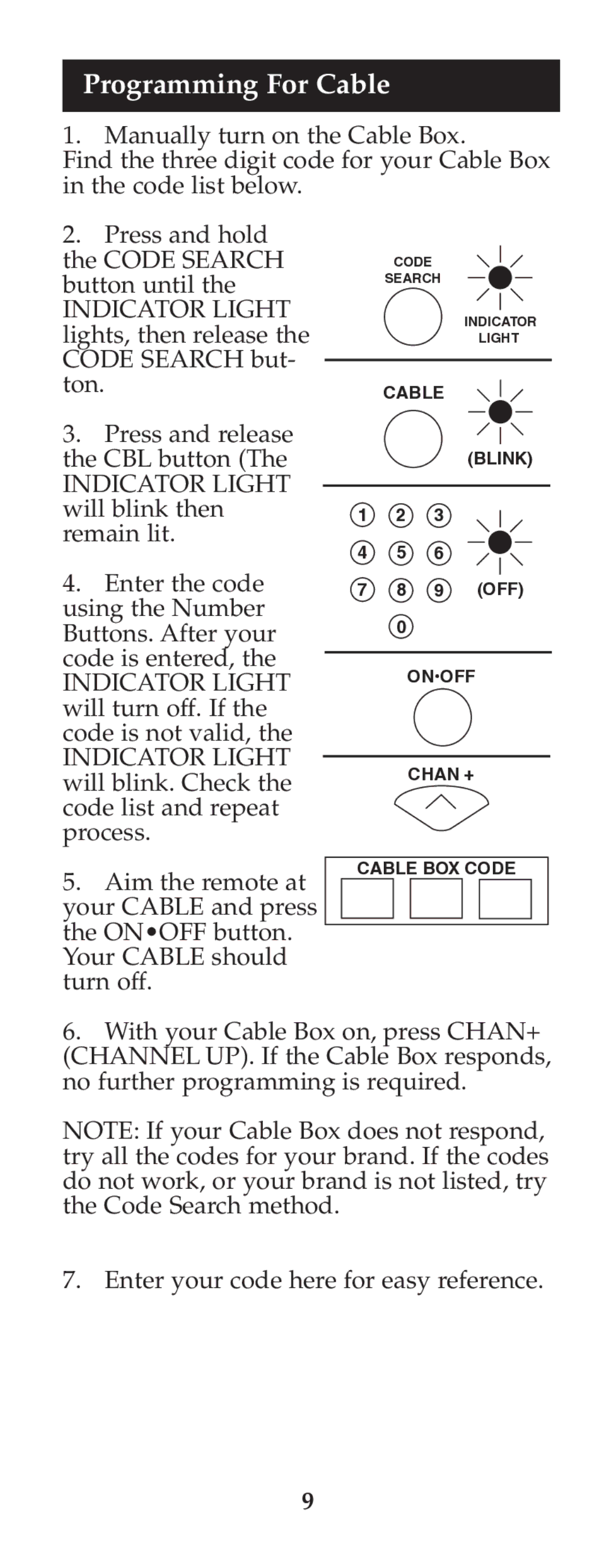 Jasco RM24925 instruction manual Programming For Cable 