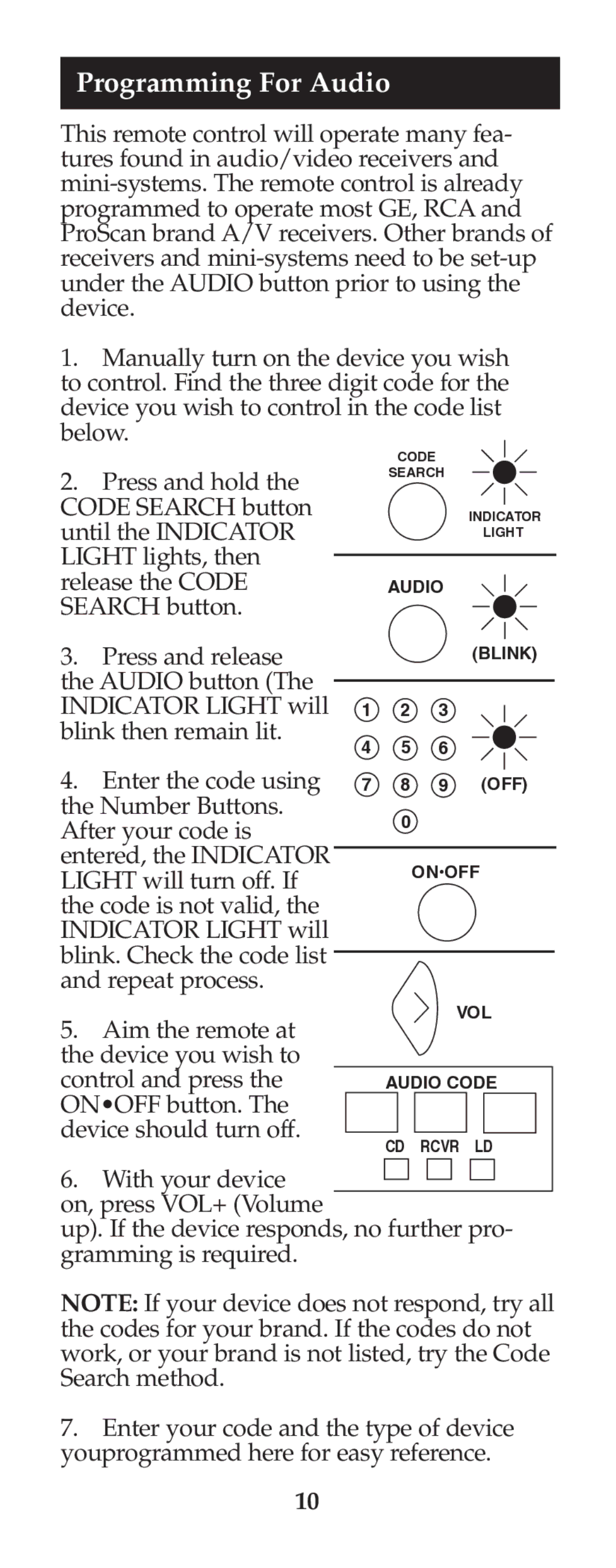 Jasco RM24925 instruction manual Programming For Audio 