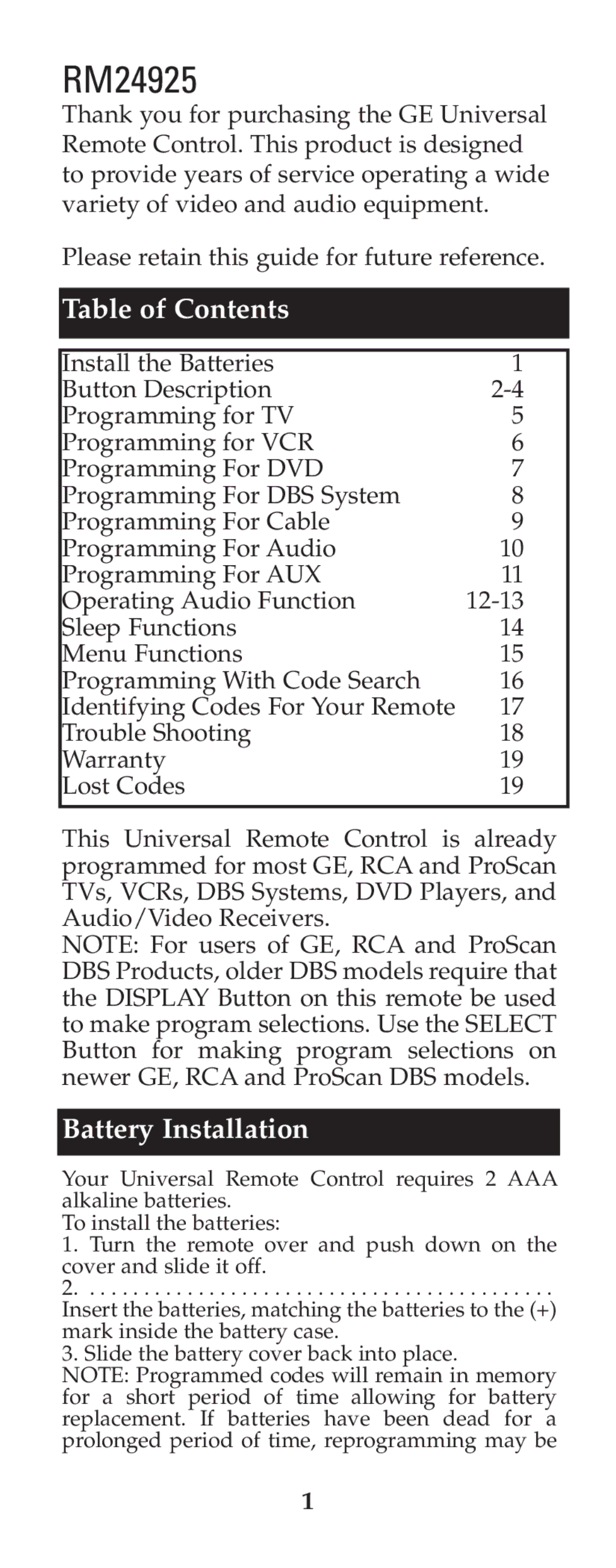 Jasco RM24925 instruction manual Table of Contents, Battery Installation 