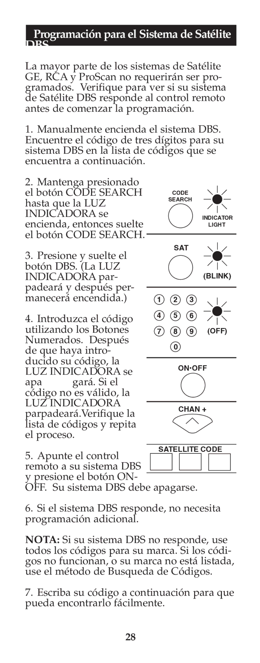 Jasco RM24925 instruction manual Dbs, Programación para el Sistema de Satélite 