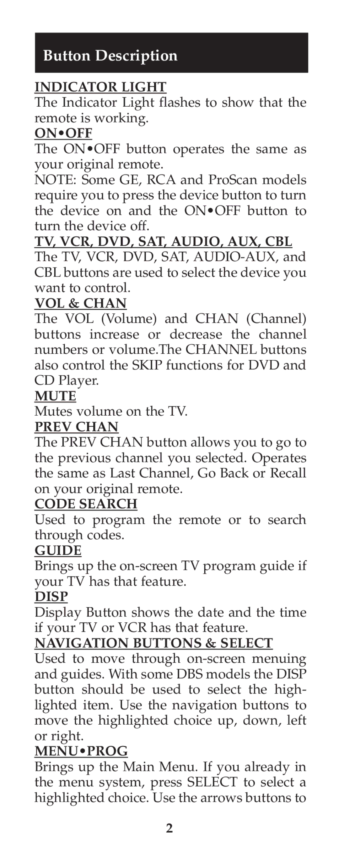 Jasco RM24925 instruction manual Button Description 