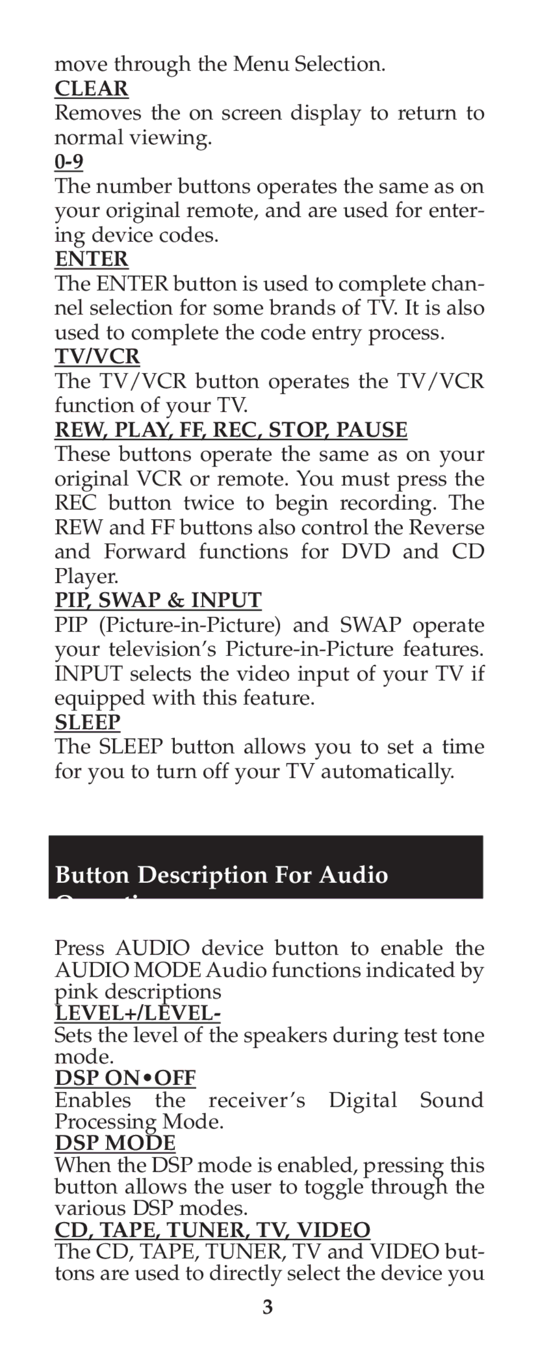 Jasco RM24925 instruction manual Button Description For Audio Operation 