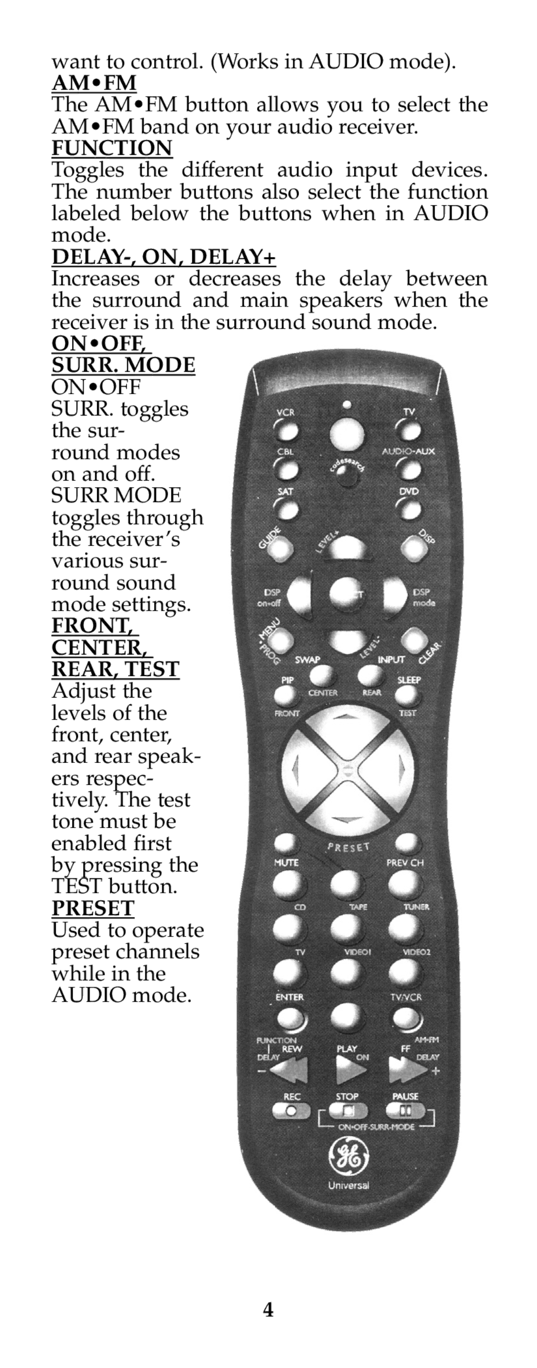 Jasco RM24925 instruction manual Amfm, Function, Delay-, On, Delay+, Front, Preset 