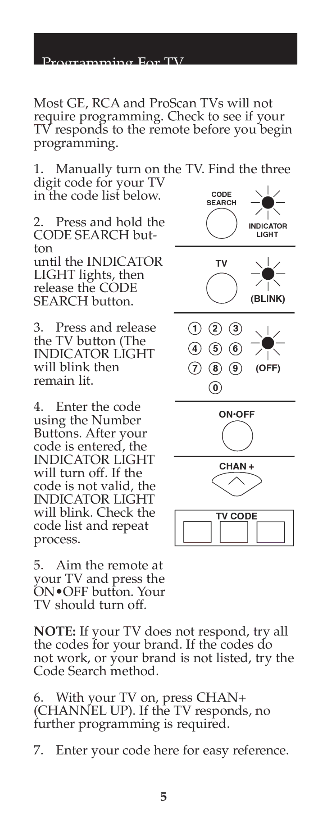 Jasco RM24925 instruction manual Programming For TV 