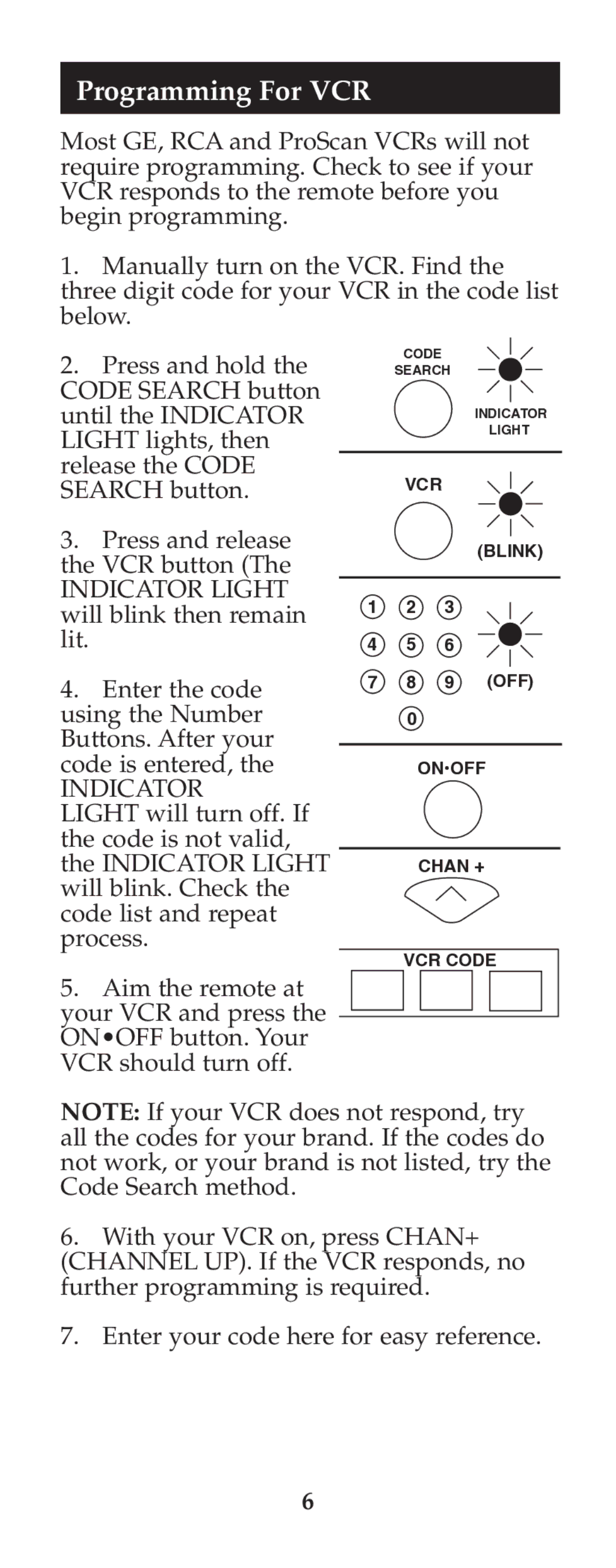 Jasco RM24925 instruction manual Programming For VCR, Indicator 