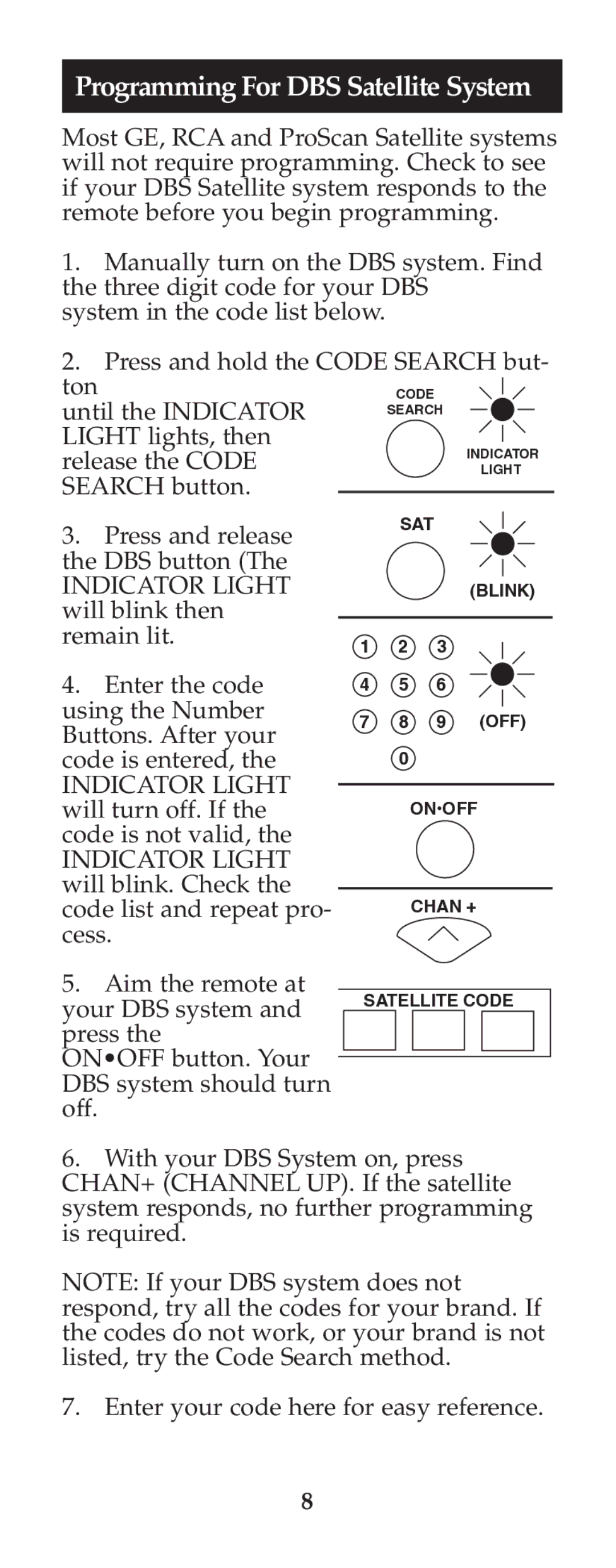 Jasco RM24925 instruction manual Programming For DBS Satellite System, Indicator Light 