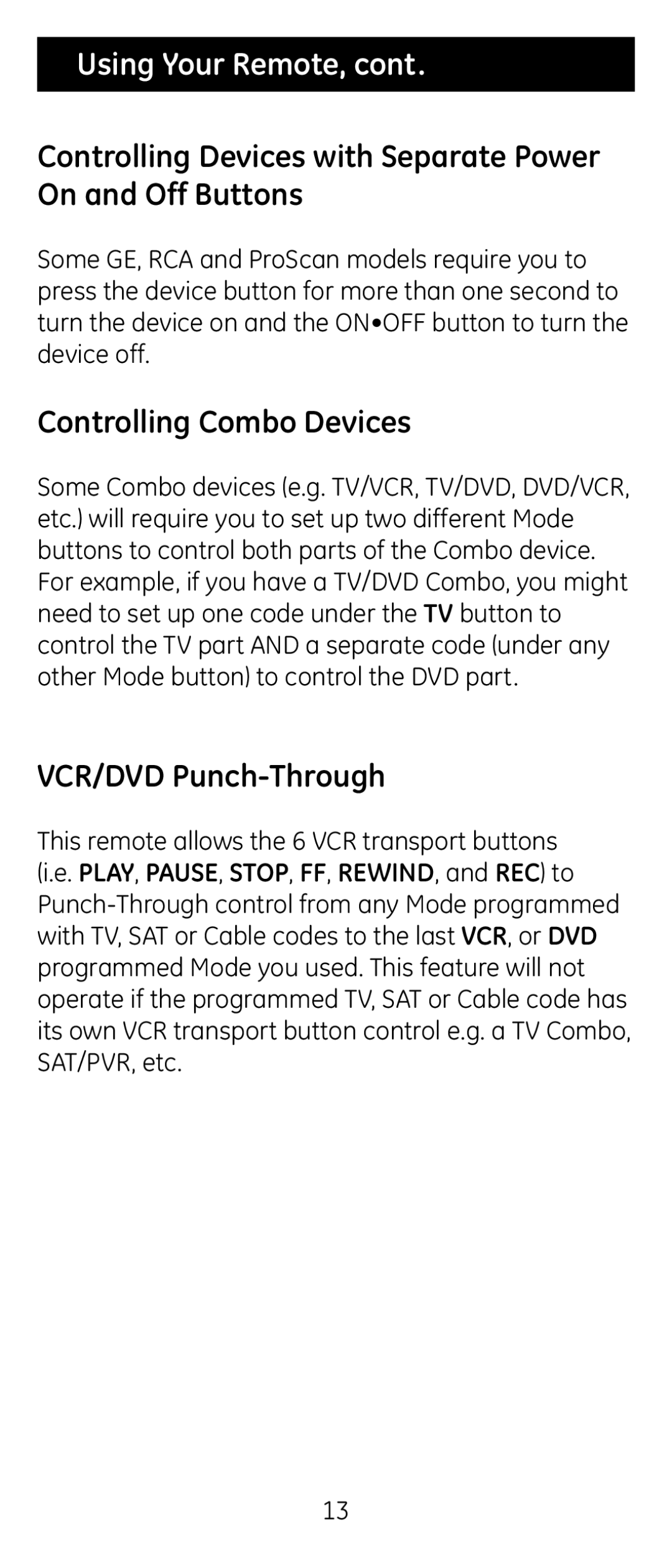 Jasco RM24926 Controlling Devices with Separate Power On and Off Buttons, Controlling Combo Devices, VCR/DVD Punch-Through 