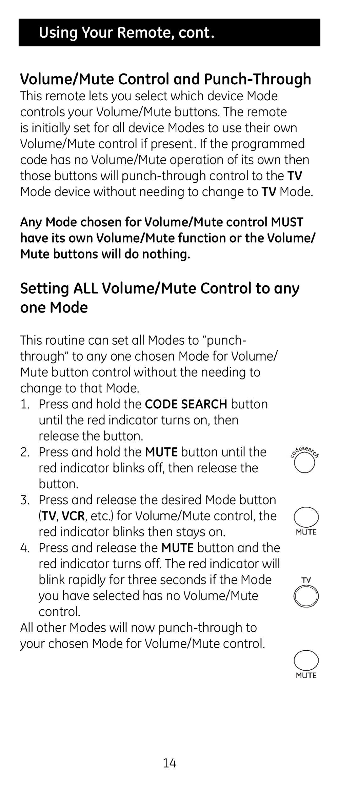 Jasco RM24926 instruction manual Volume/Mute Control and Punch-Through, Setting ALL Volume/Mute Control to any one Mode 