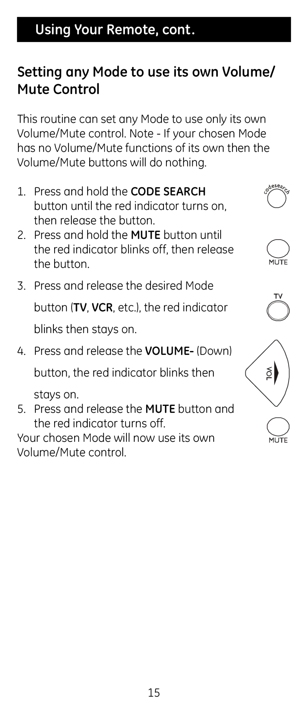 Jasco RM24926 instruction manual Setting any Mode to use its own Volume/ Mute Control 