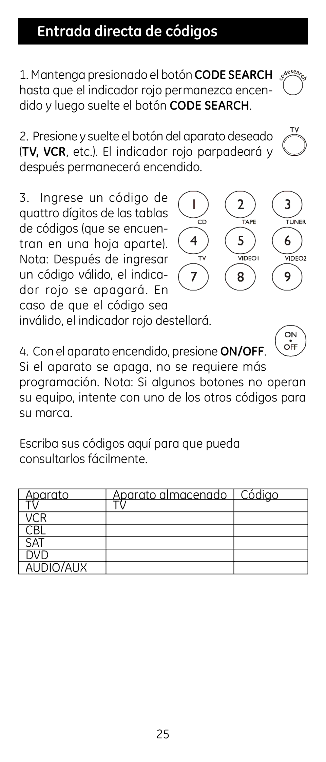 Jasco RM24926 instruction manual Entrada directa de códigos 