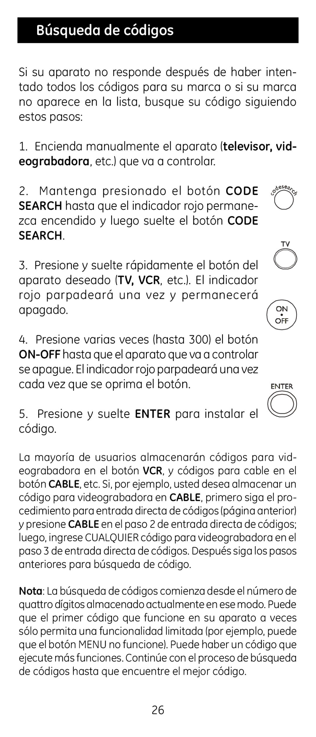 Jasco RM24926 instruction manual Búsqueda de códigos 