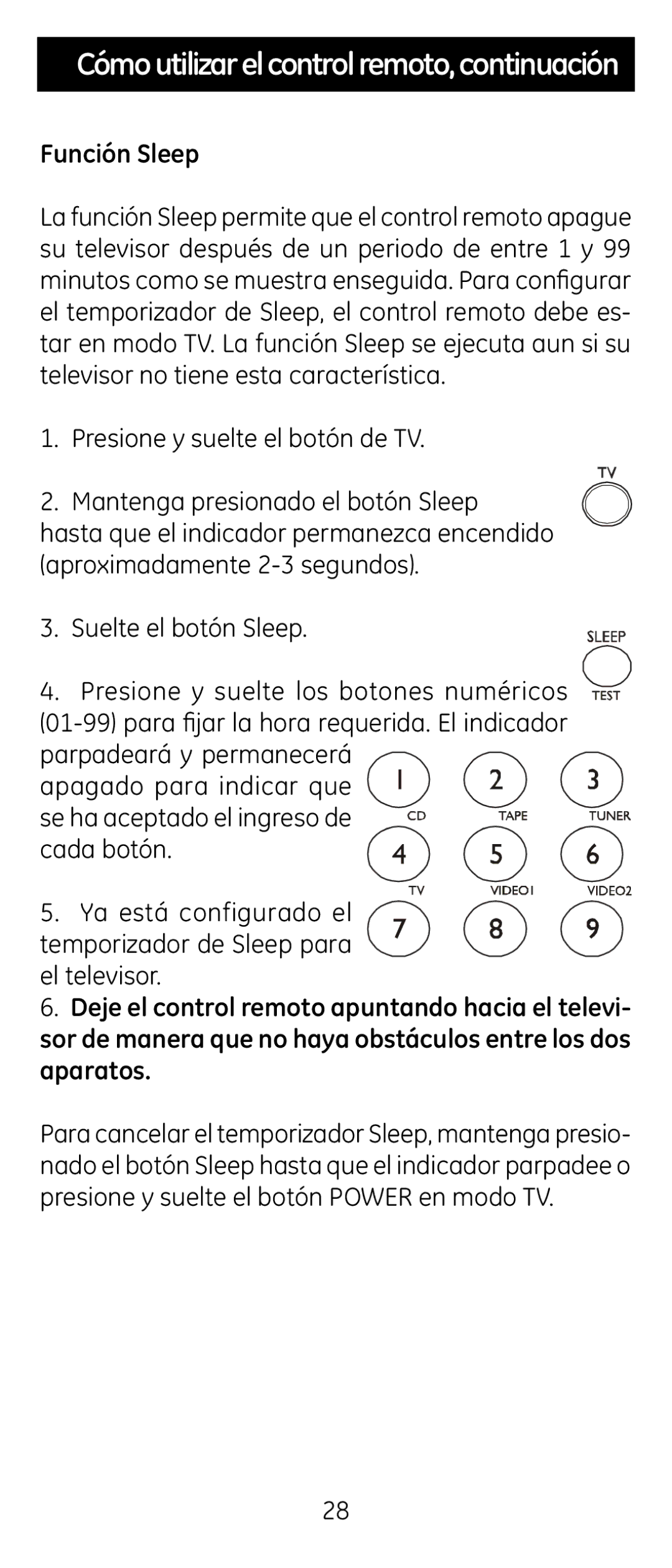 Jasco RM24926 instruction manual Cómo utilizar el control remoto, continuación, Función Sleep 