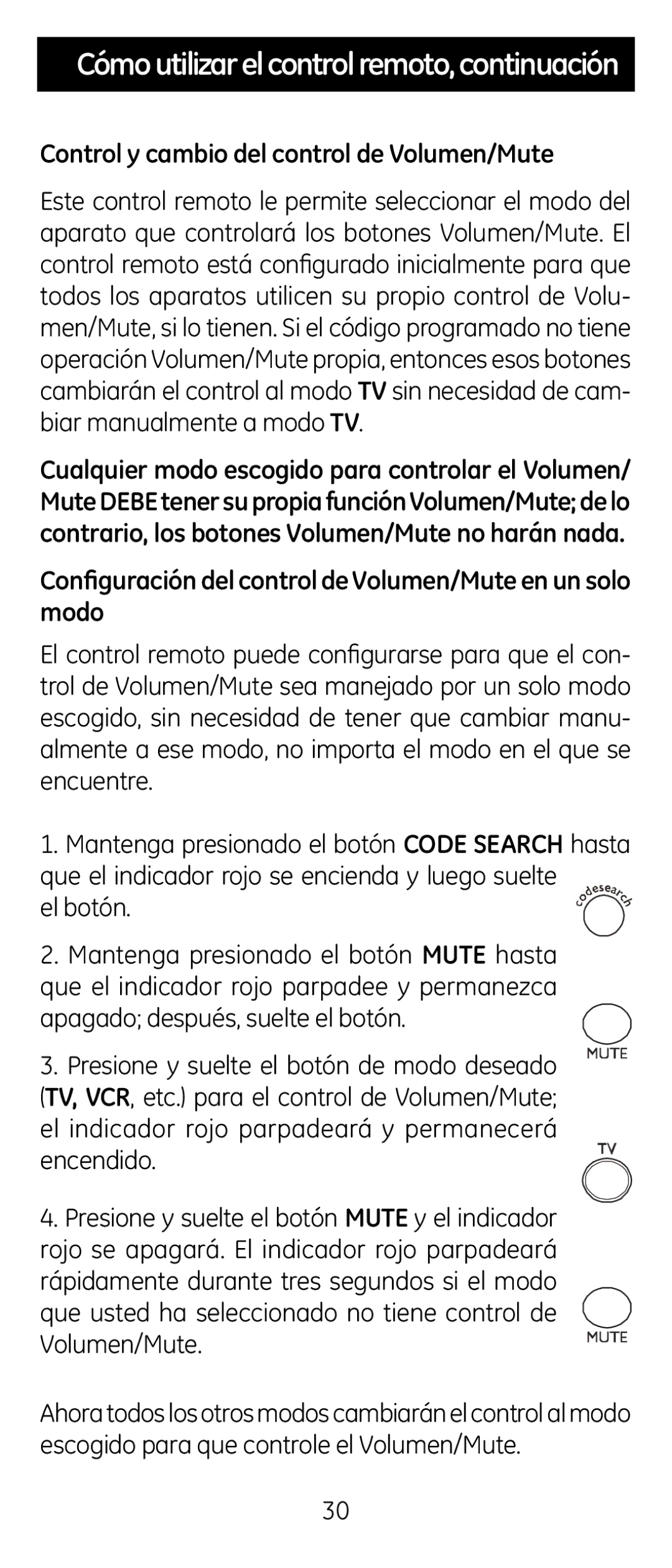 Jasco RM24926 Control y cambio del control de Volumen/Mute, Configuración del control de Volumen/Mute en un solo modo 