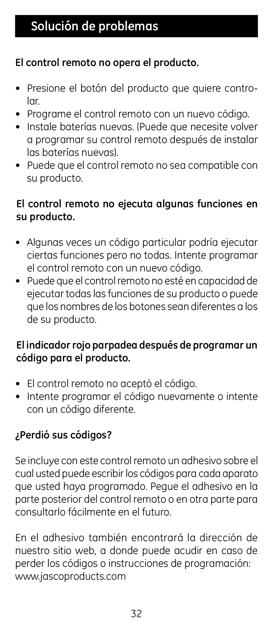 Jasco RM24926 instruction manual Solución de problemas, El control remoto no opera el producto, ¿Perdió sus códigos? 