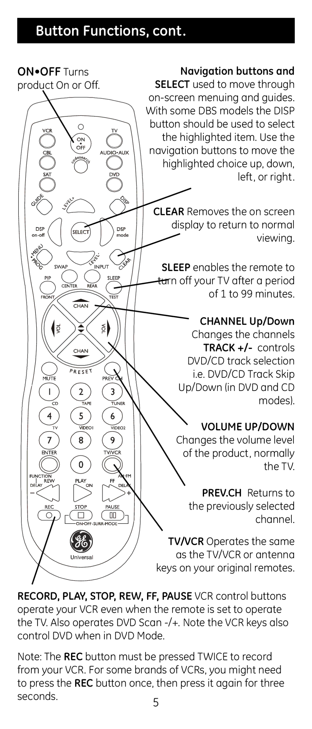 Jasco RM24926 instruction manual Button Functions, Onoff Turns, Navigation buttons, Channel Up/Down, Track +/- controls 