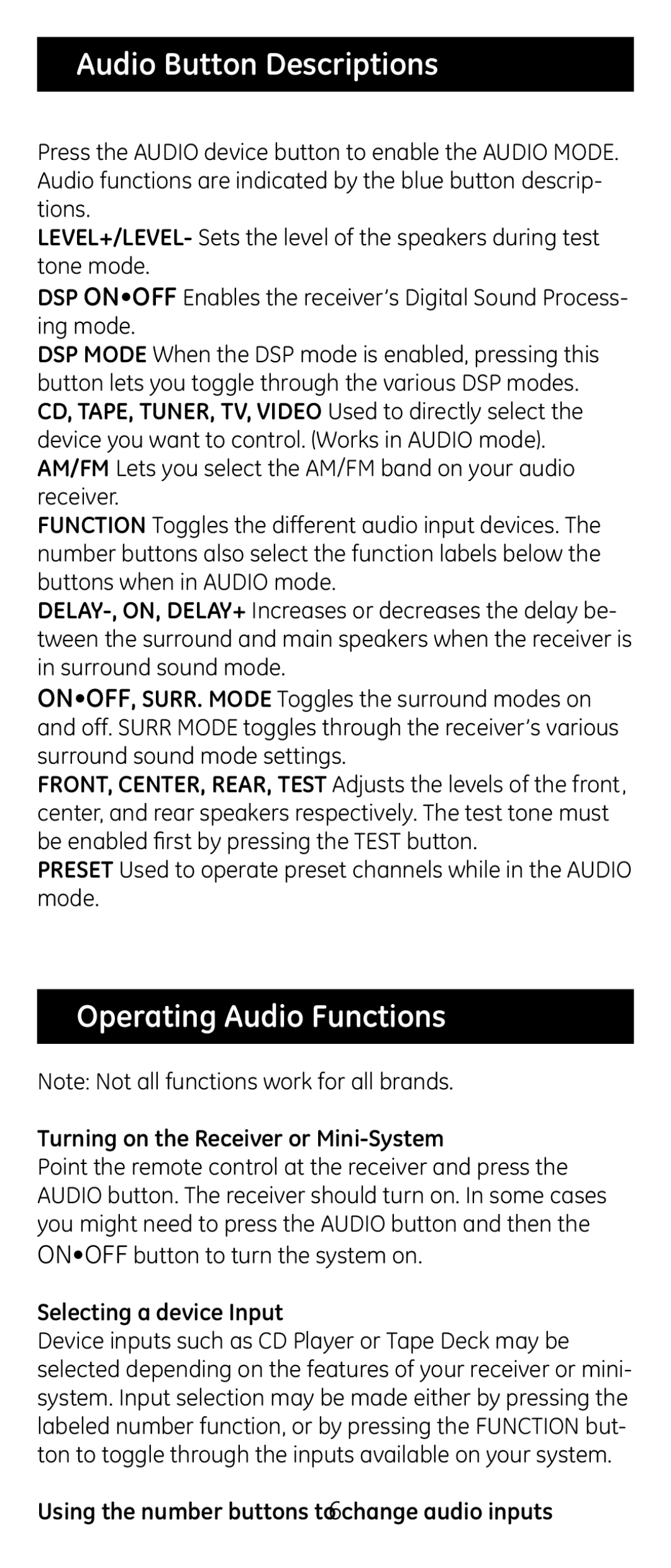 Jasco RM24926 Audio Button Descriptions, Operating Audio Functions, Turning on the Receiver or Mini-System 