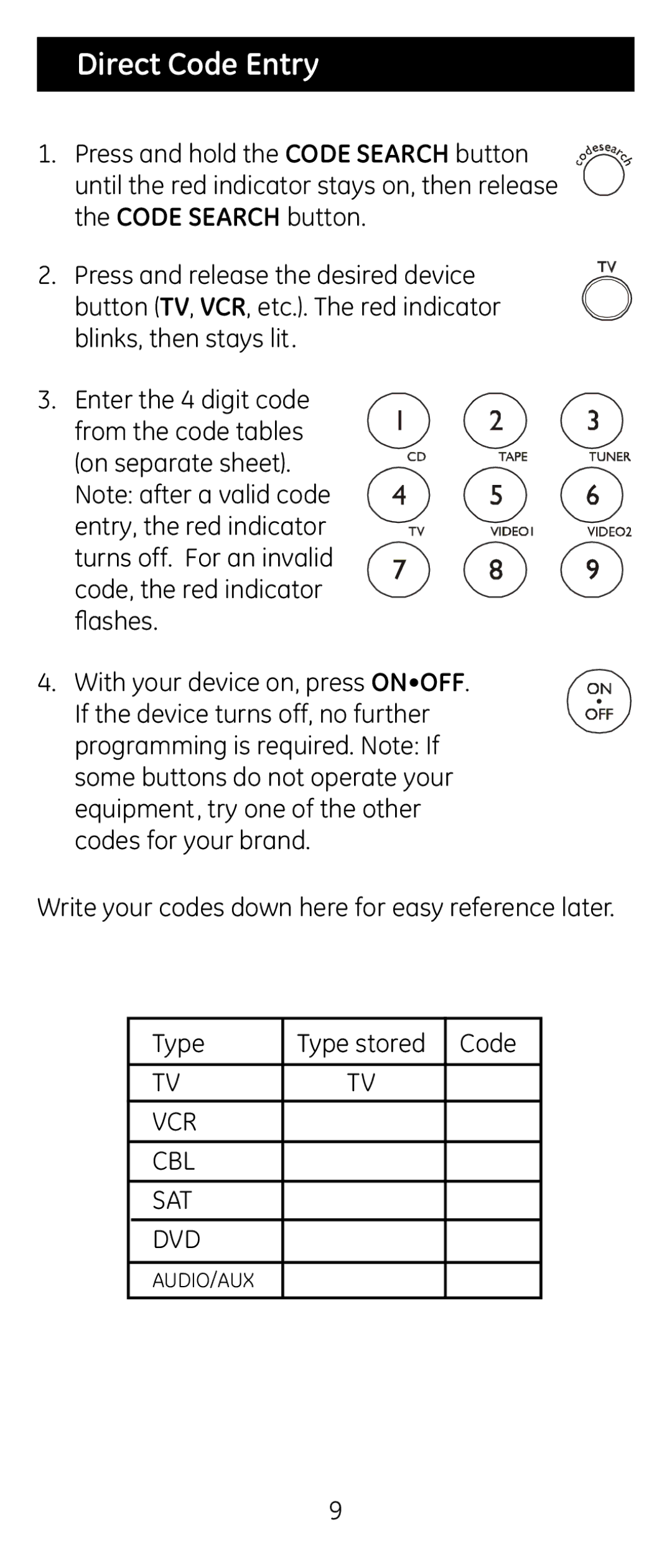 Jasco RM24926 instruction manual Direct Code Entry 