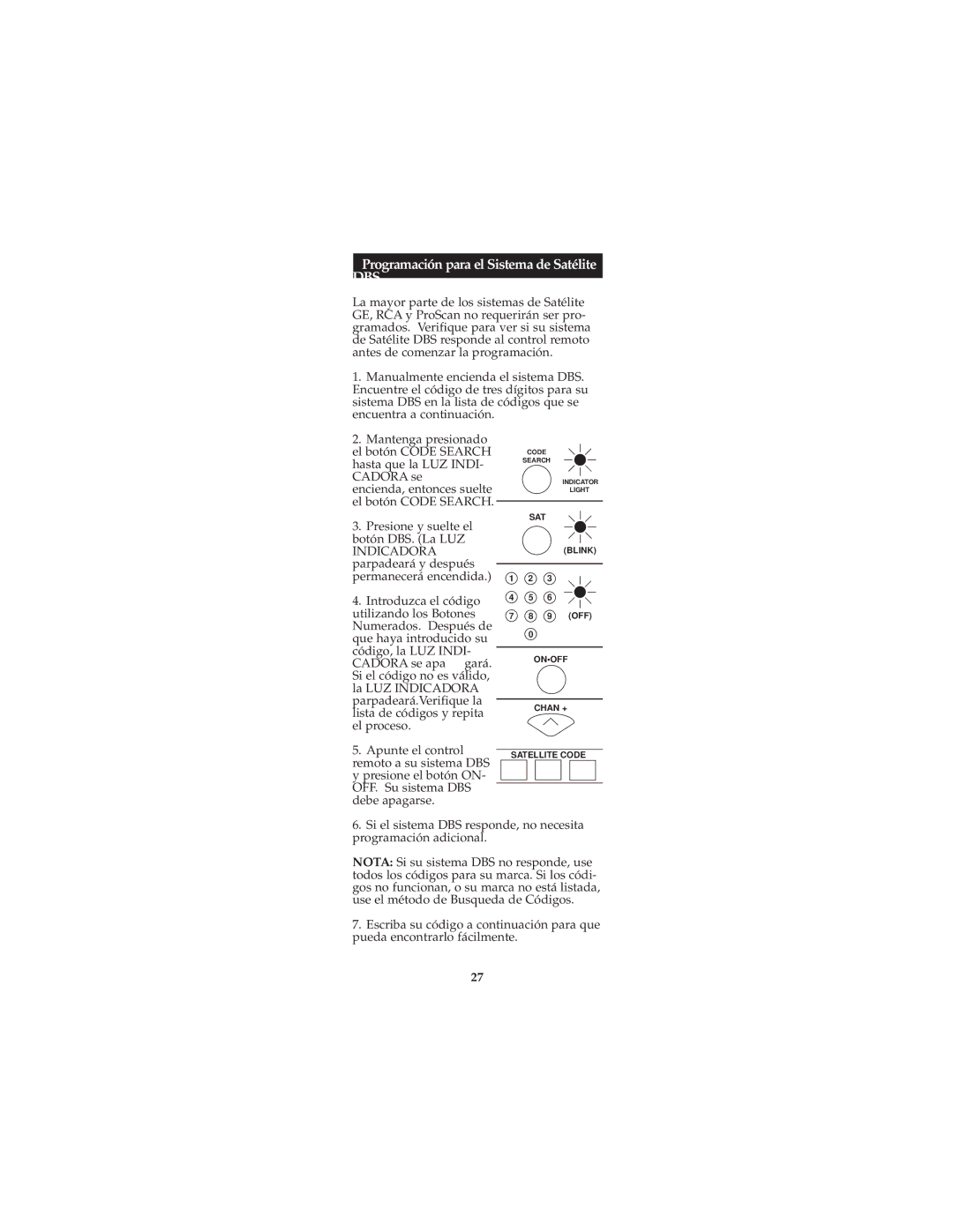 Jasco RM24927, RM94927 instruction manual Programación para el Sistema de Satélite, Dbs 