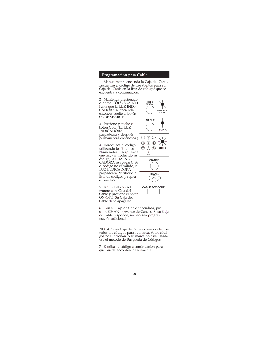 Jasco RM94927, RM24927 instruction manual Programación para Cable 