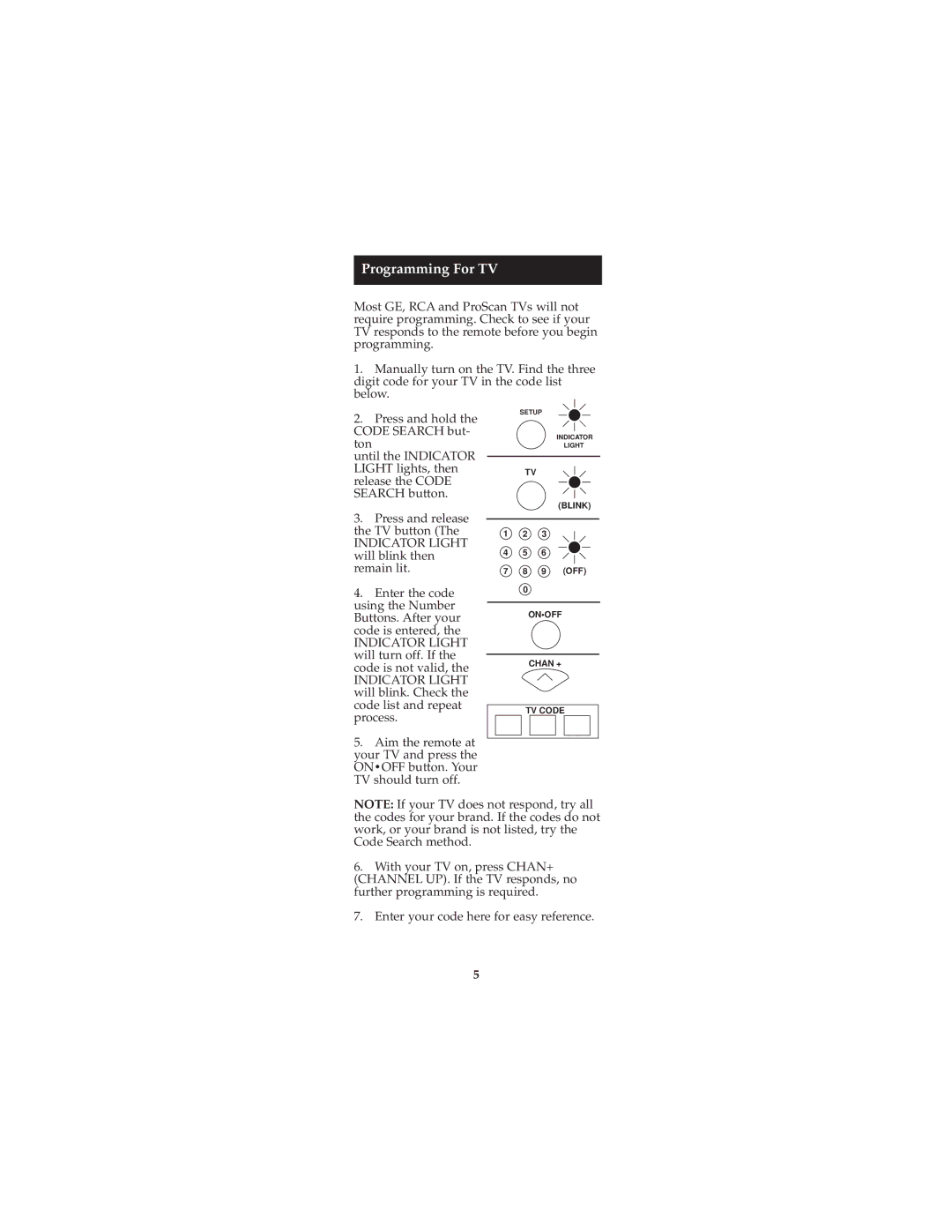 Jasco RM24927, RM94927 instruction manual Programming For TV 