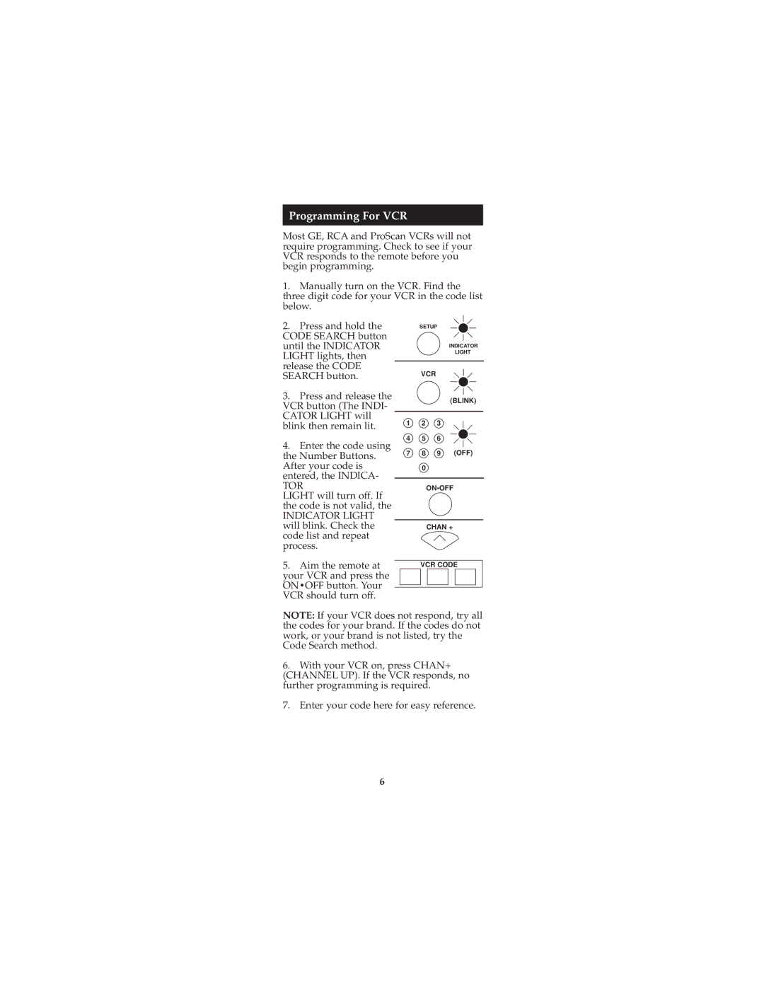 Jasco RM94927, RM24927 instruction manual Programming For VCR, Tor 