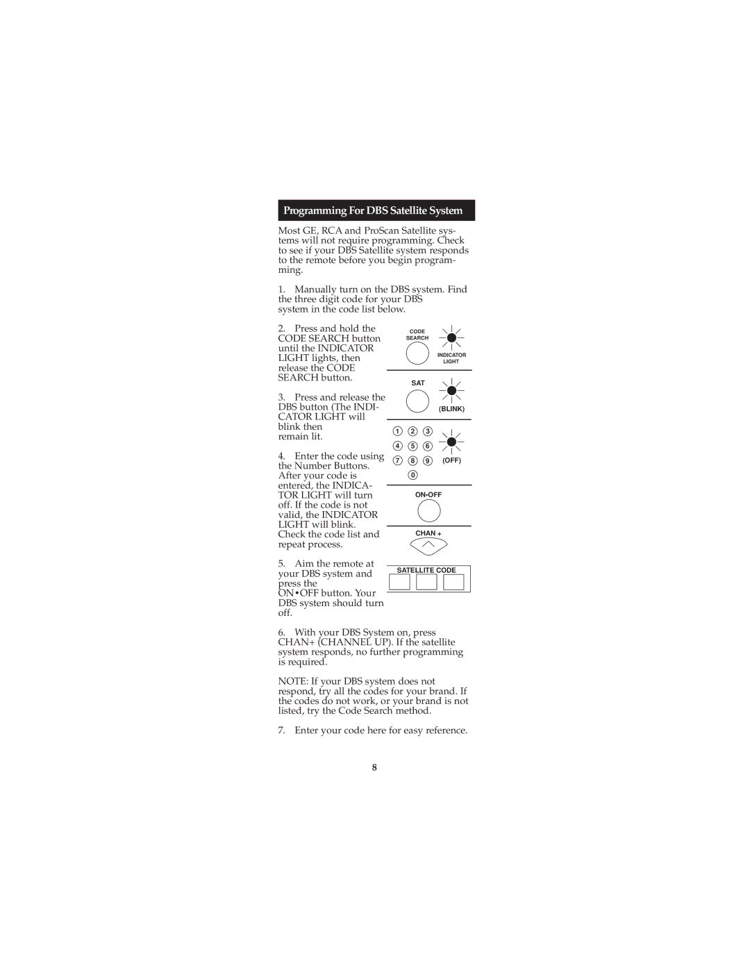 Jasco RM94927, RM24927 instruction manual Programming For DBS Satellite System 