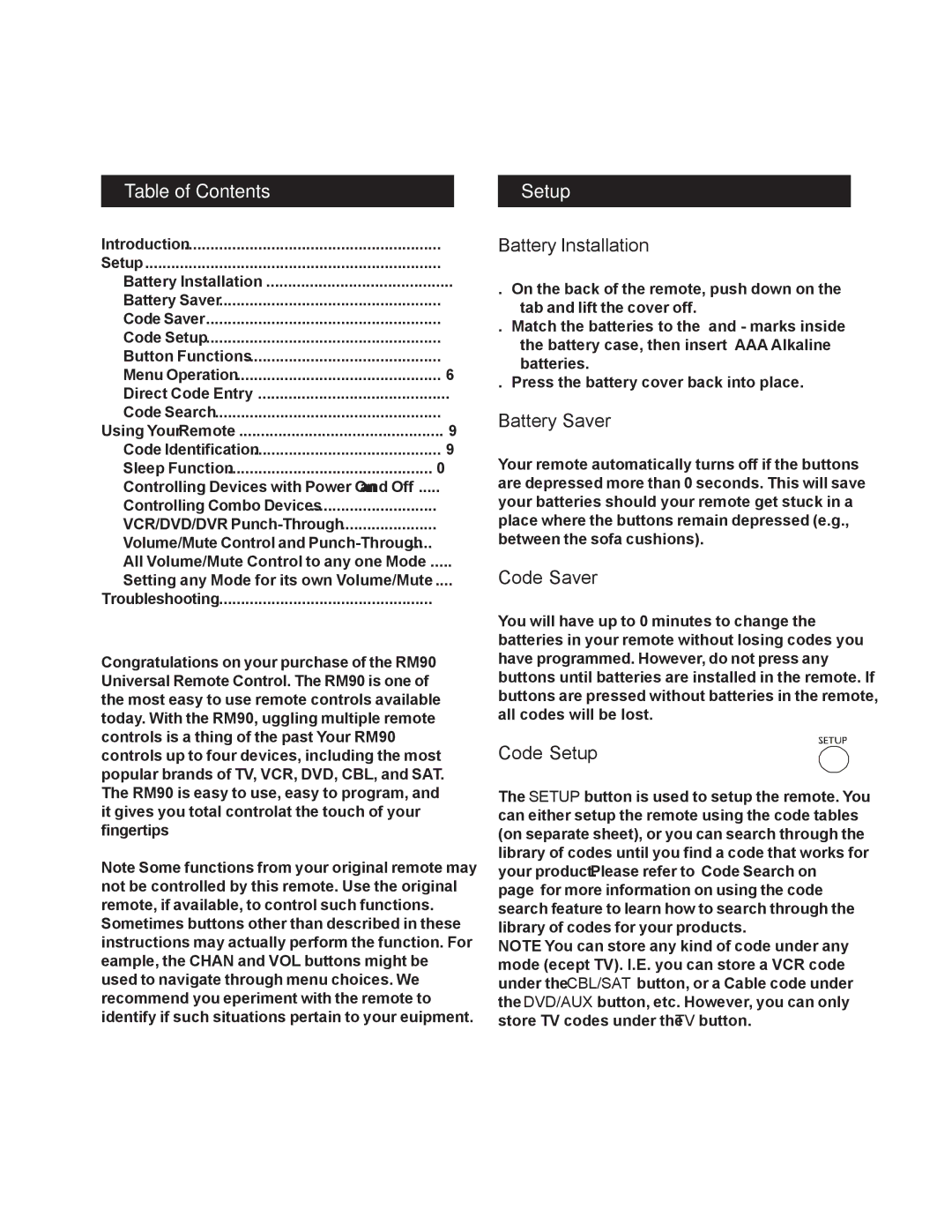 Jasco RM24930 instruction manual Table of Contents, Setup 