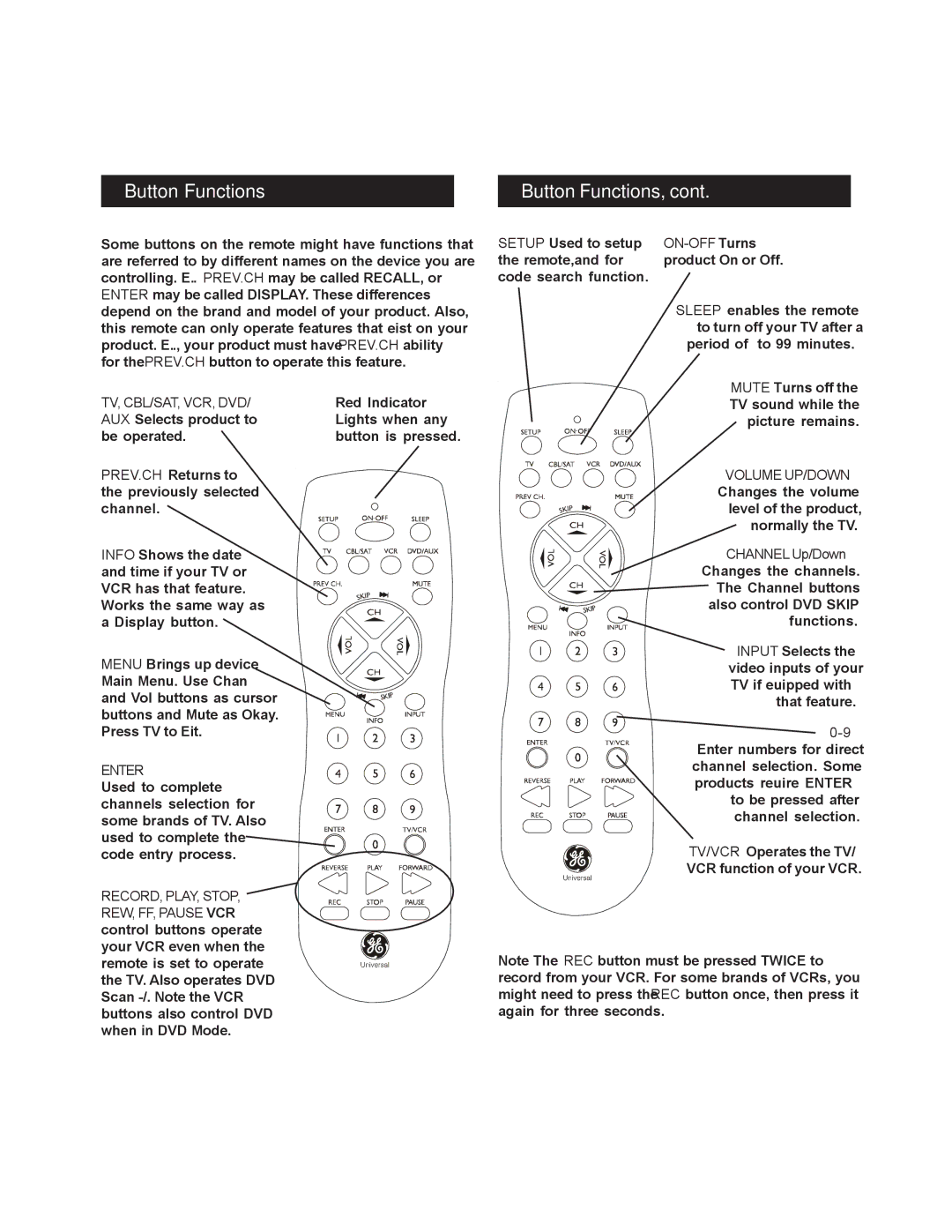 Jasco RM24930 instruction manual Button Functions 