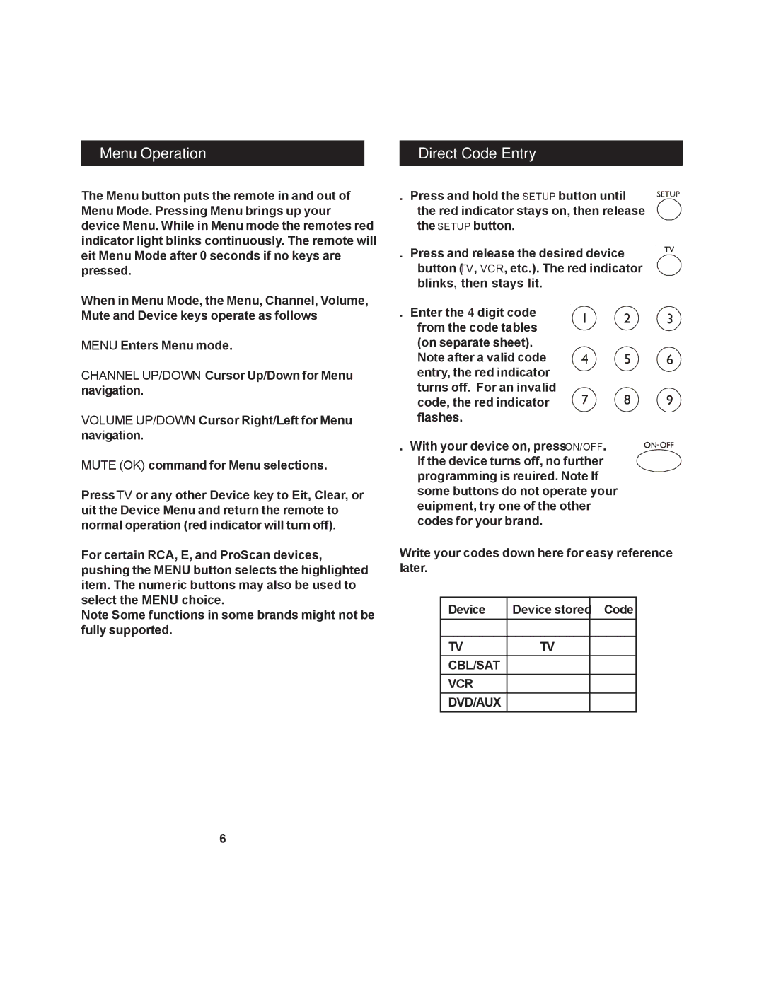 Jasco RM24930 instruction manual Menu Operation Direct Code Entry 