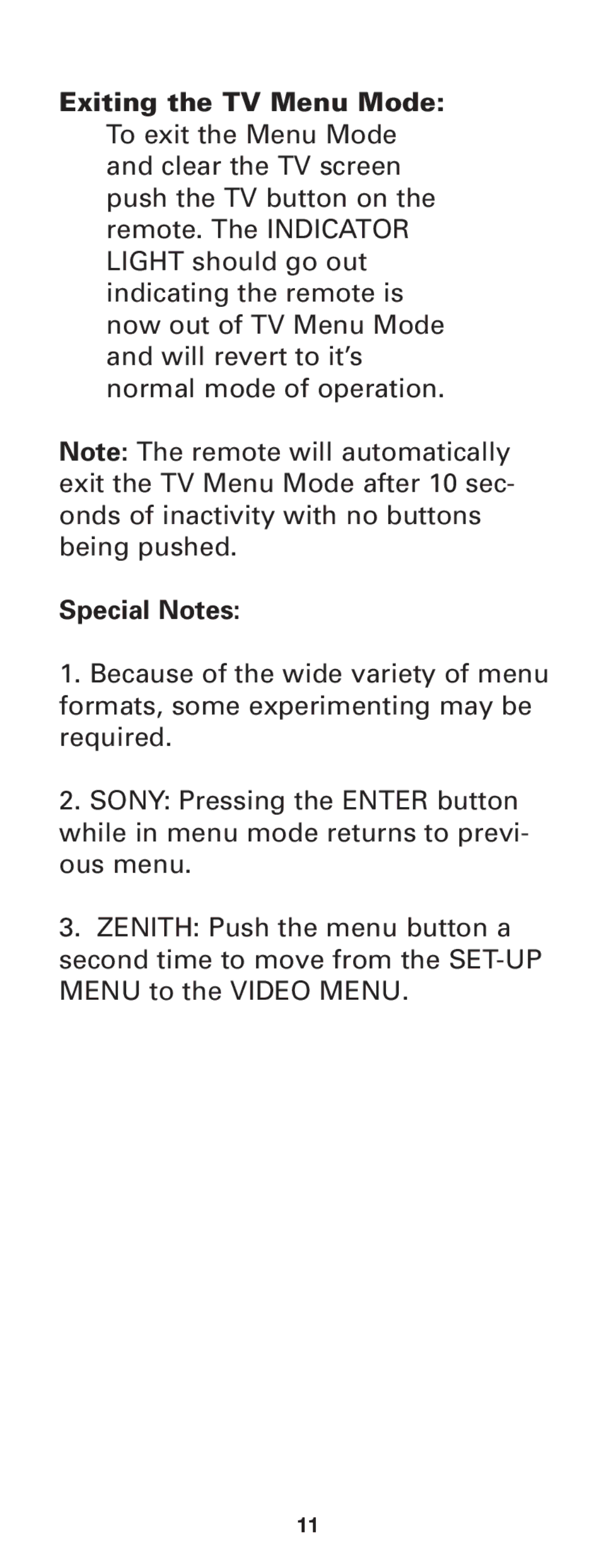 Jasco RM24933 instruction manual Exiting the TV Menu Mode, Special Notes 