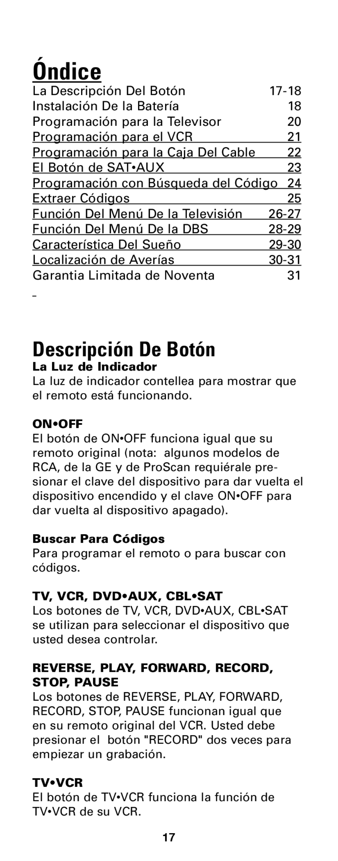 Jasco RM24933 instruction manual Óndice, Descripción De Botón 