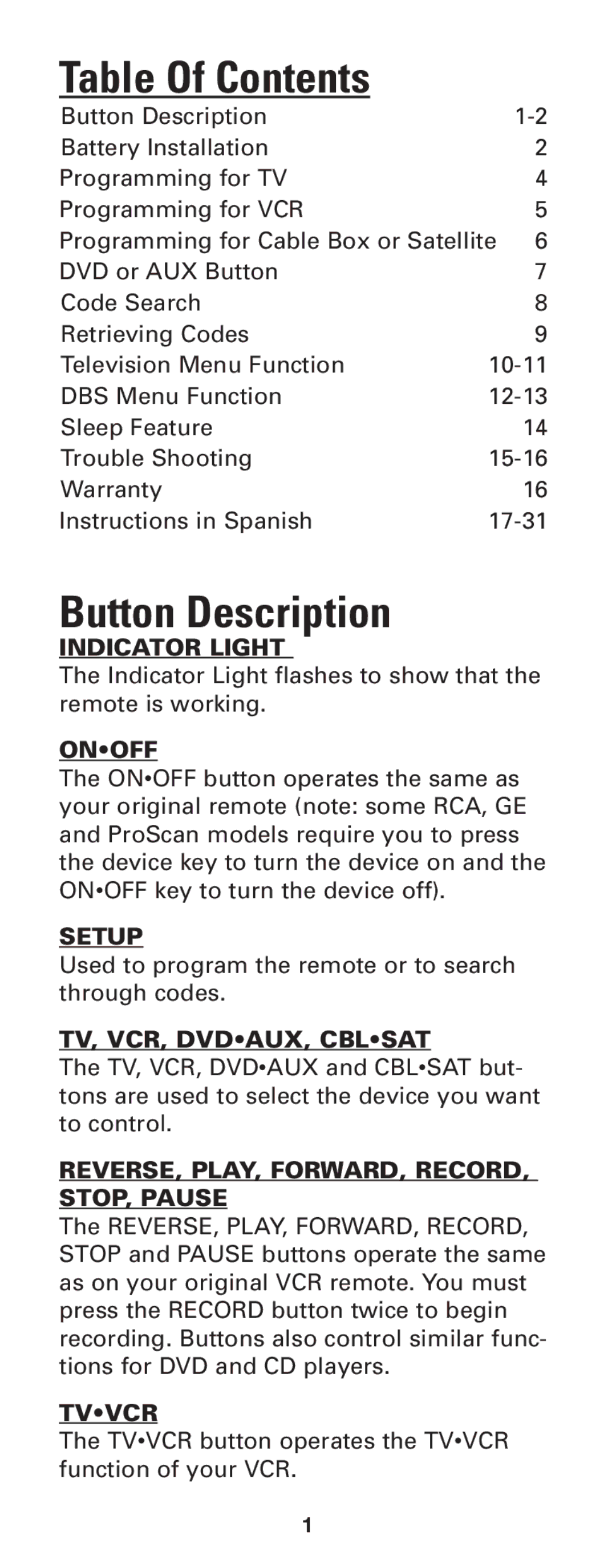 Jasco RM24933 instruction manual Table Of Contents, Button Description 