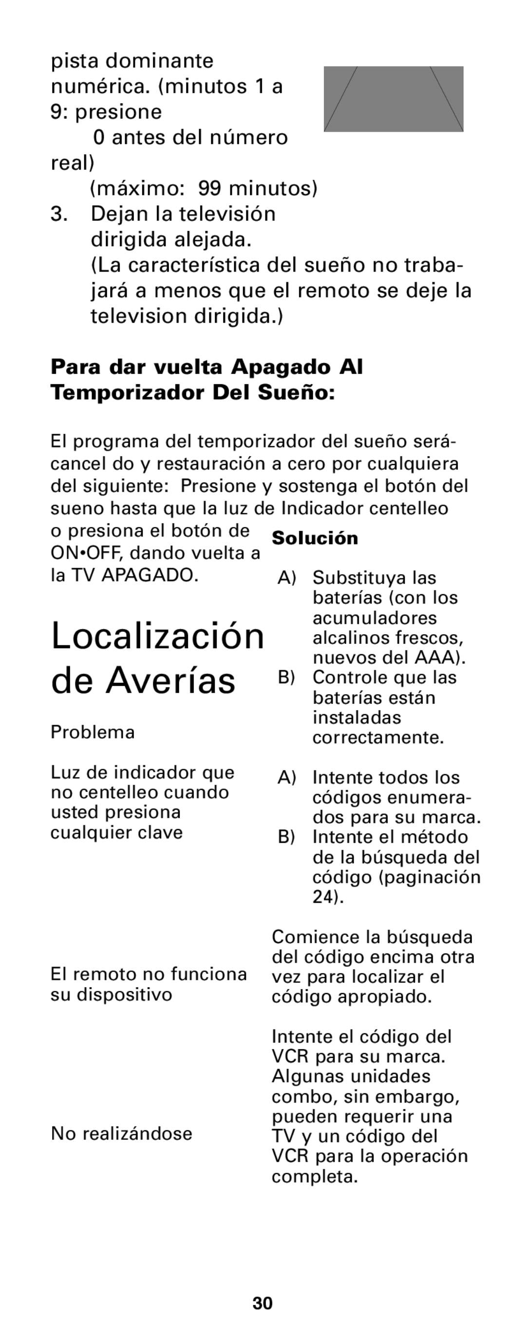 Jasco RM24933 instruction manual Localización de Averías, Para dar vuelta Apagado Al Temporizador Del Sueño 