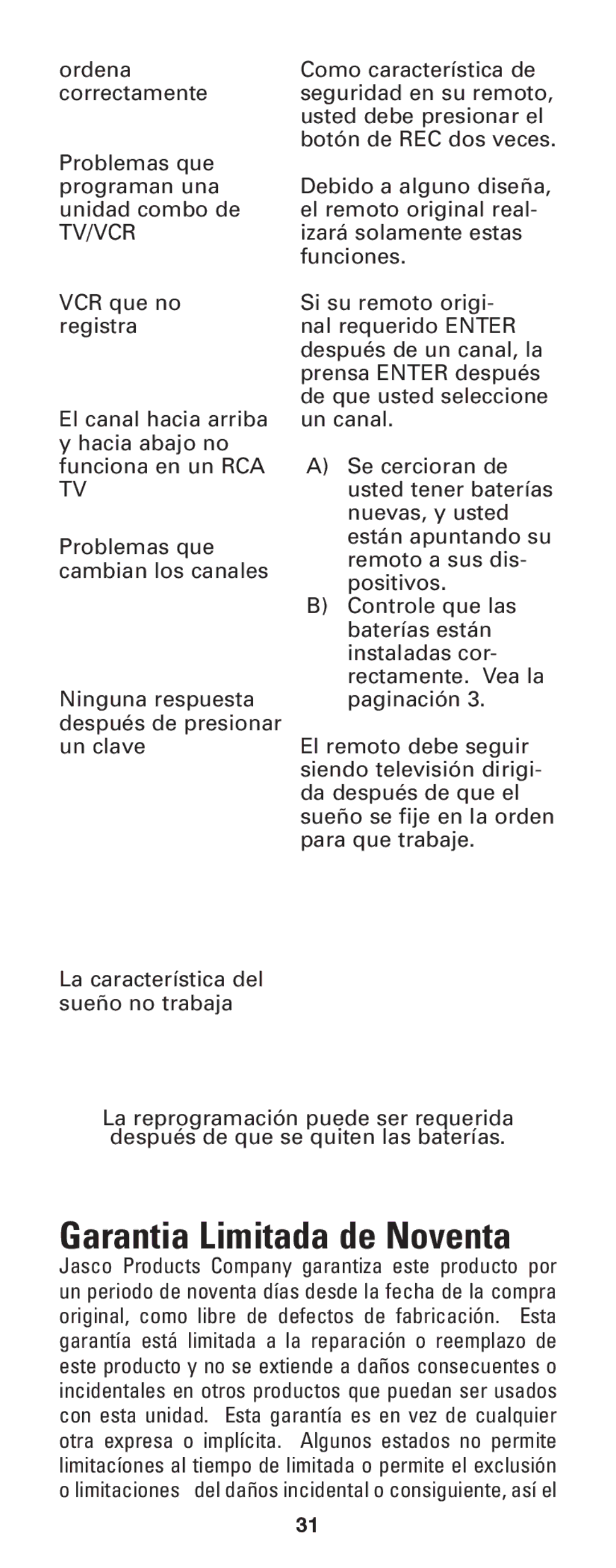 Jasco RM24933 instruction manual Garantia Limitada de Noventa, Tv/Vcr 