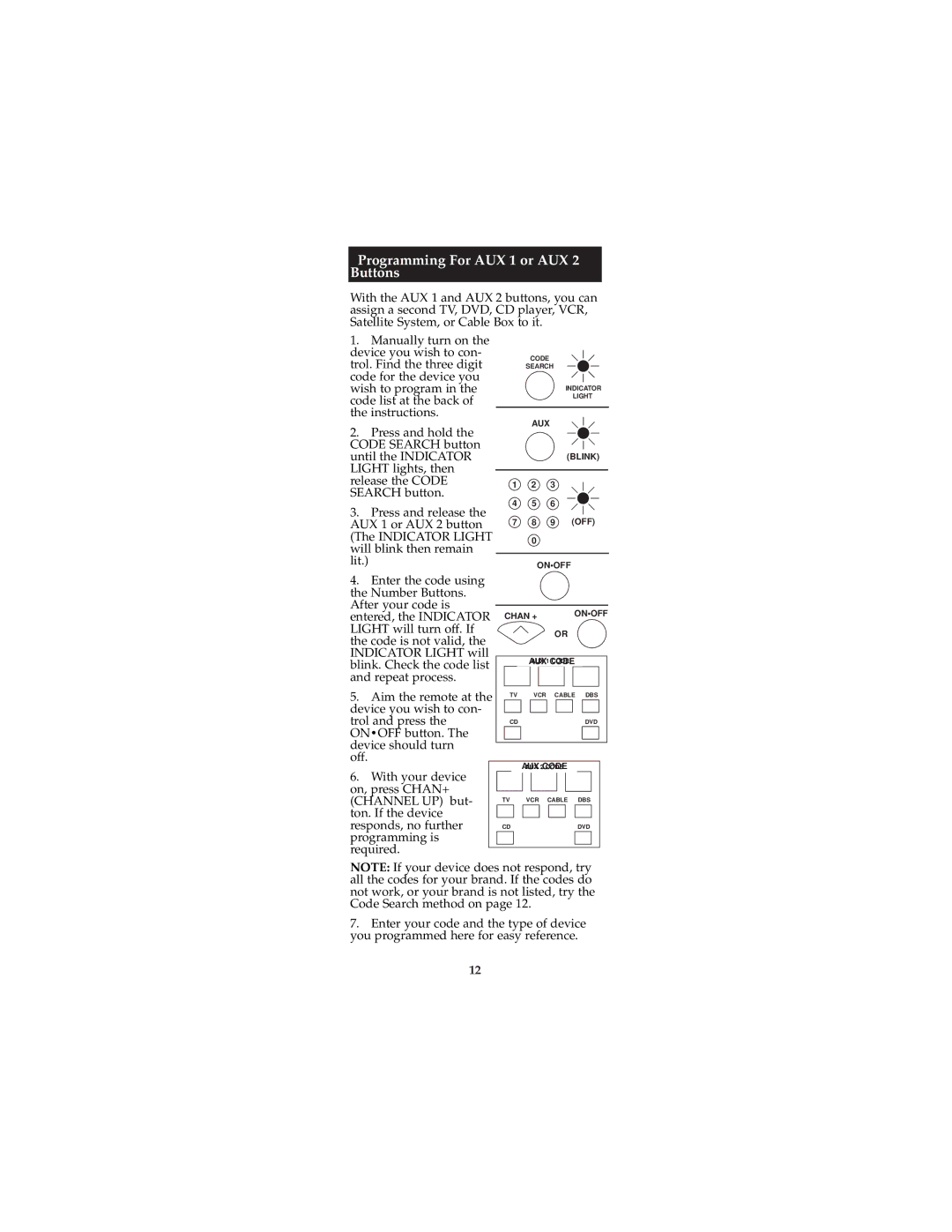 Jasco RM94940, RM24940 instruction manual Programming For AUX 1 or AUX 2 Buttons 