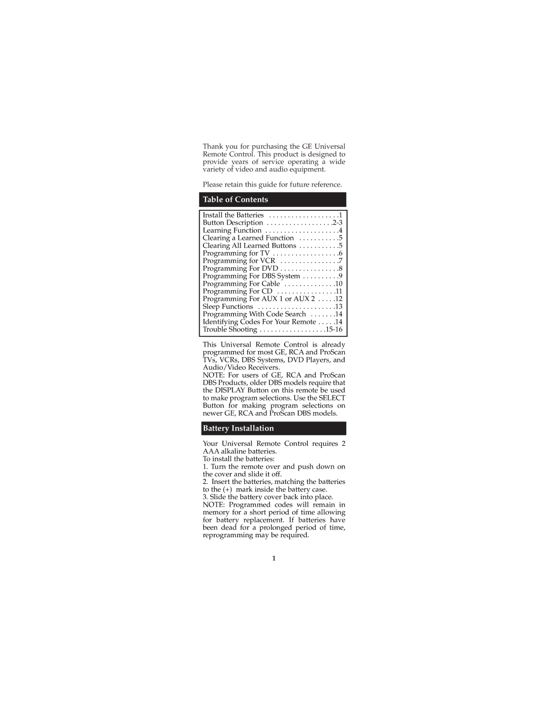 Jasco RM24940, RM94940 instruction manual Table of Contents, Battery Installation 