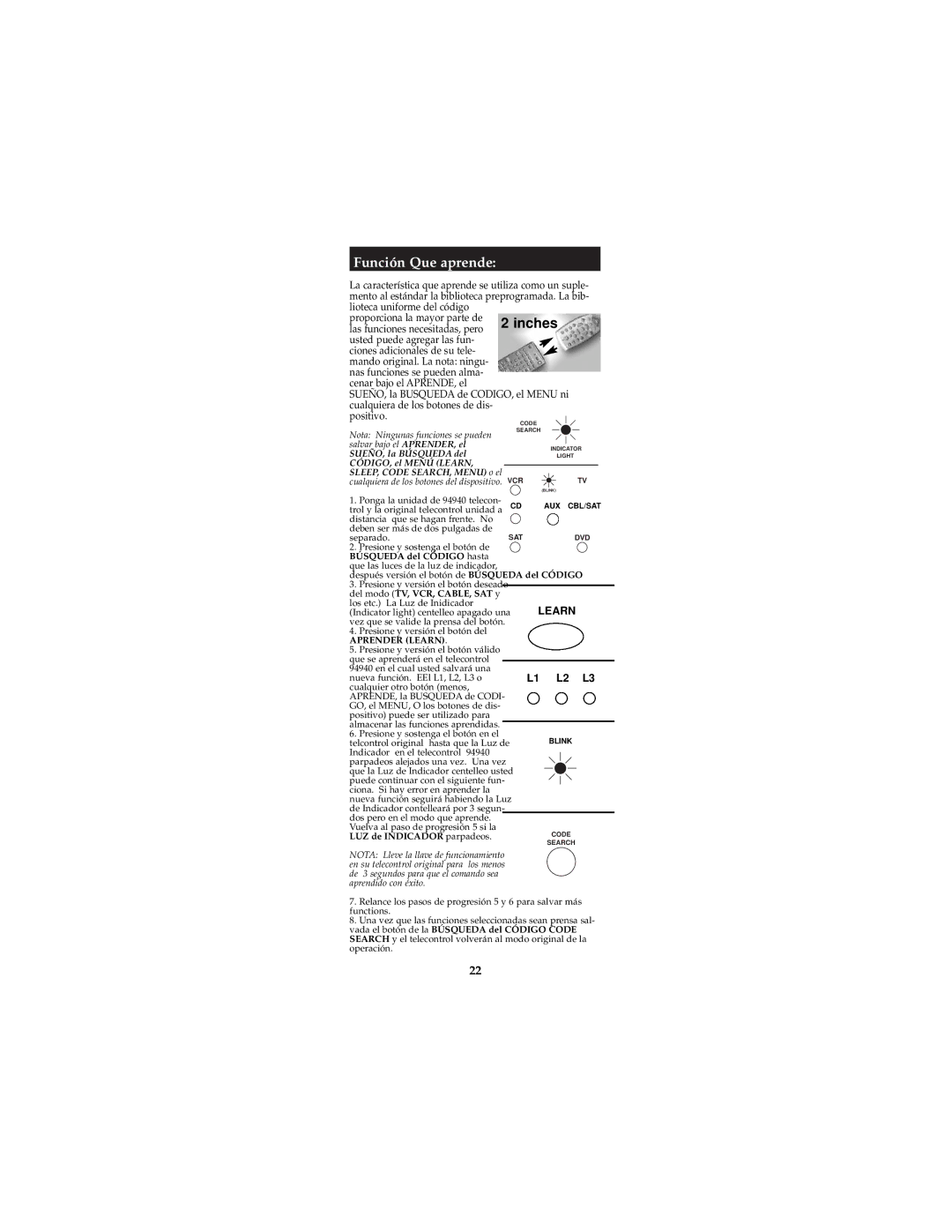 Jasco RM94940, RM24940 instruction manual Función Que aprende, CÓDIGO, el Menú Learn SLEEP, Code SEARCH, Menu o el 