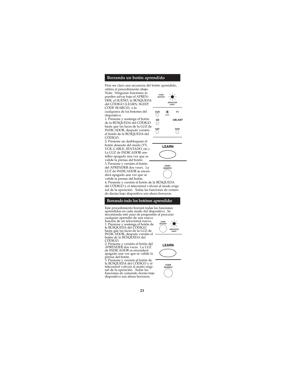 Jasco RM24940, RM94940 instruction manual Borrando un botón aprendido, Borrando todo los botónes aprendido 