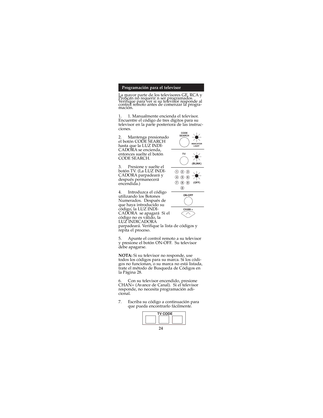 Jasco RM94940, RM24940 instruction manual Programación para el televisor, Code Search 