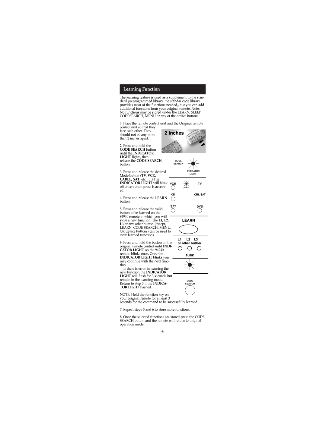 Jasco RM94940, RM24940 instruction manual Learning Function 