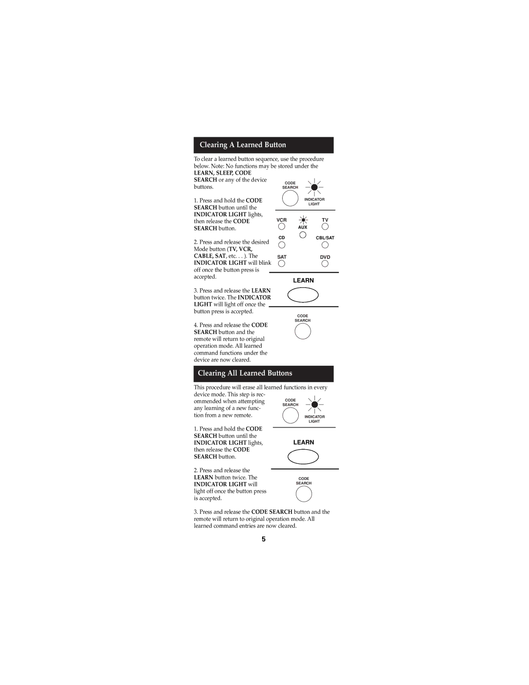 Jasco RM24940, RM94940 instruction manual Clearing a Learned Button, Clearing All Learned Buttons 