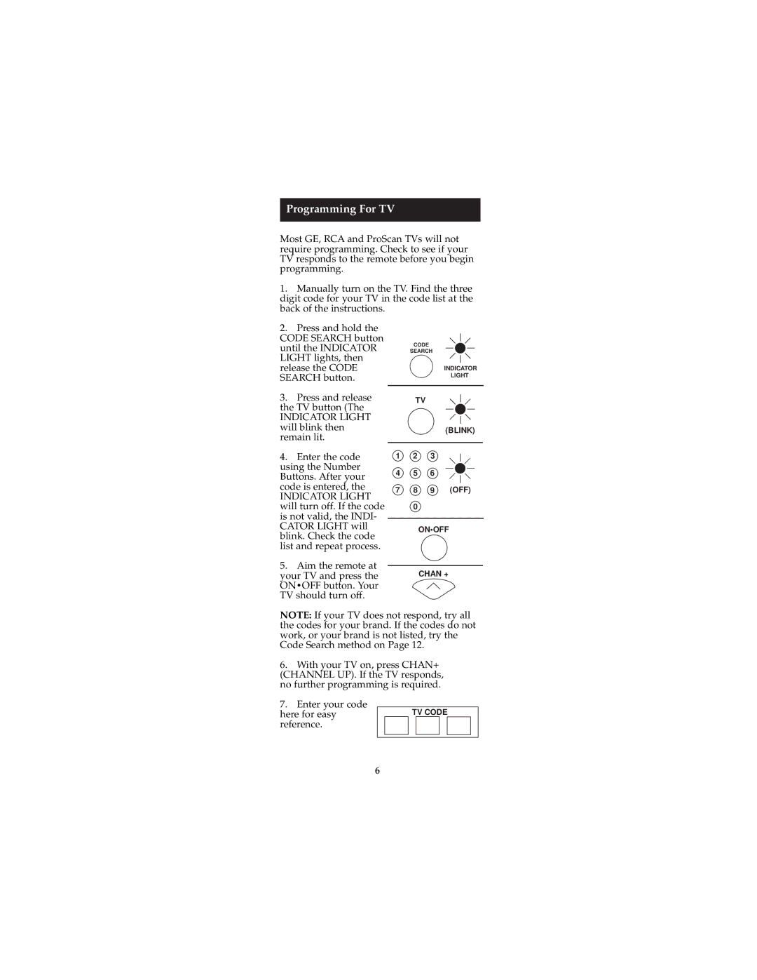 Jasco RM94940, RM24940 instruction manual Programming For TV 