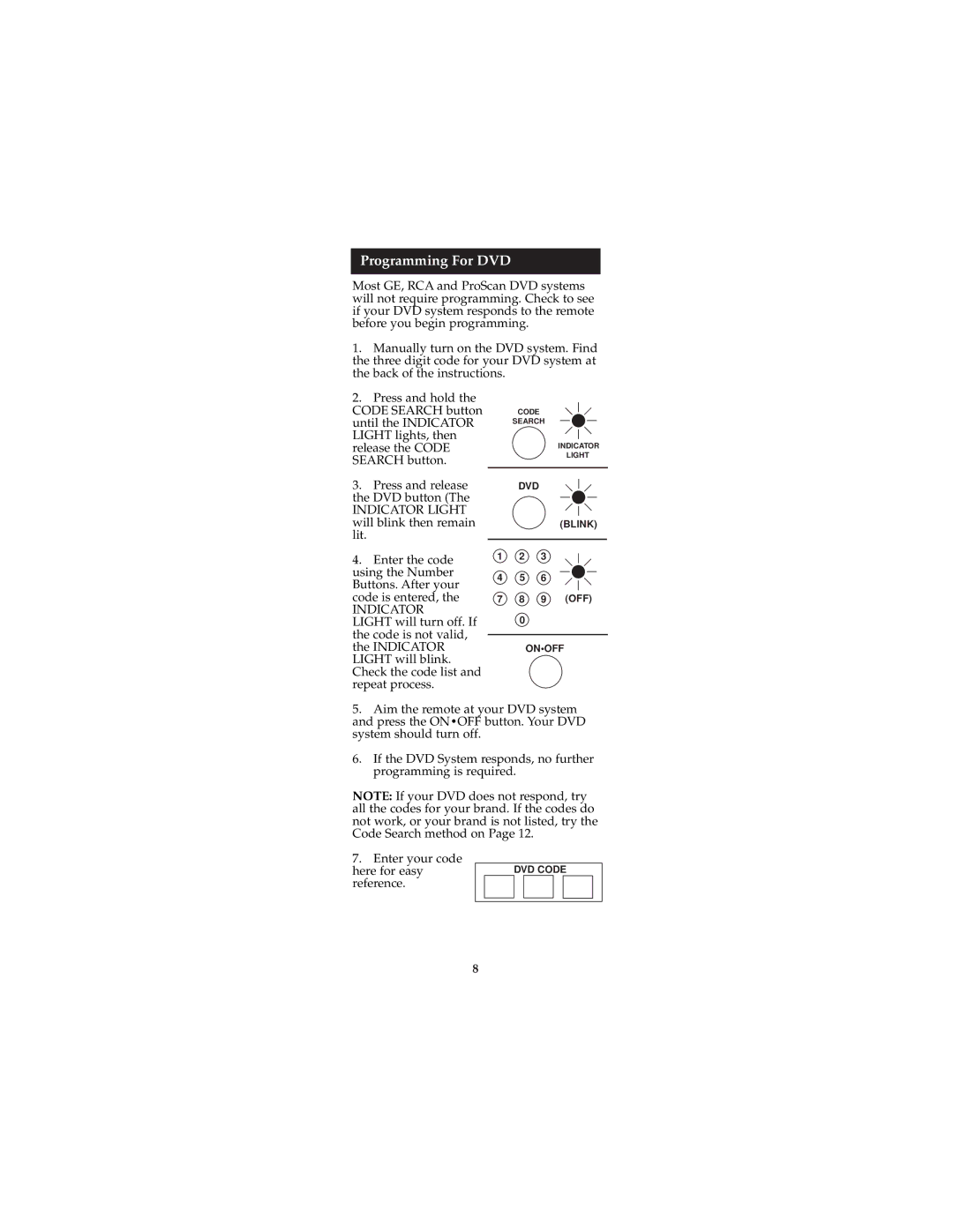 Jasco RM94940, RM24940 instruction manual Programming For DVD, Indicator 