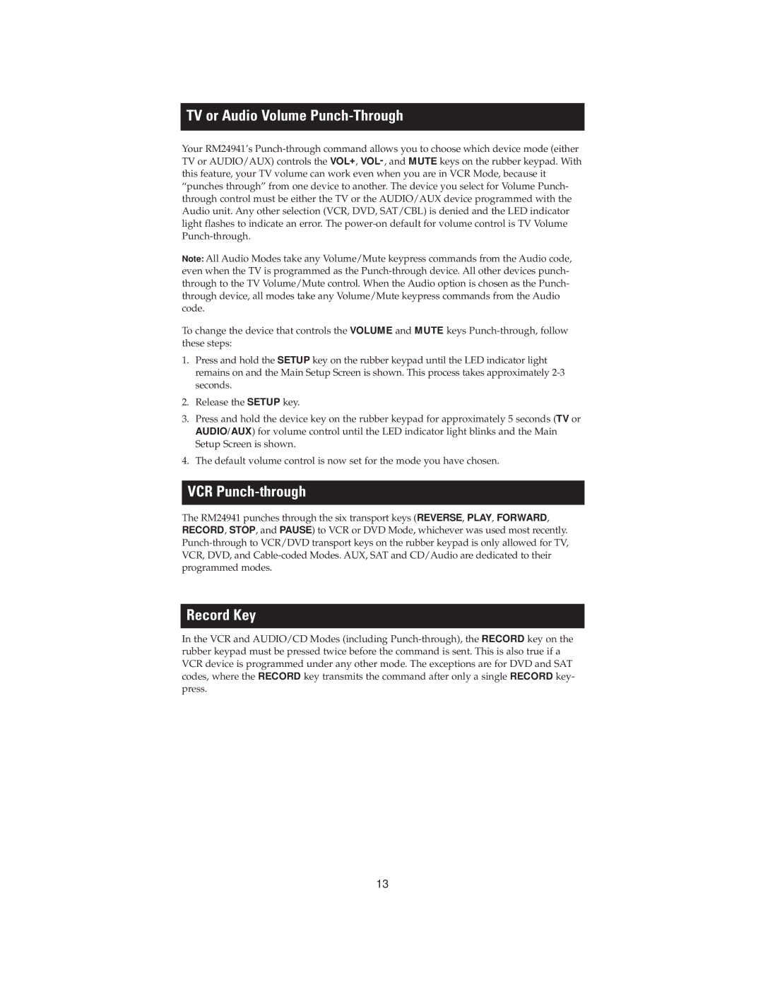 Jasco RM24941 instruction manual TV or Audio Volume Punch-Through, VCR Punch-through, Record Key 