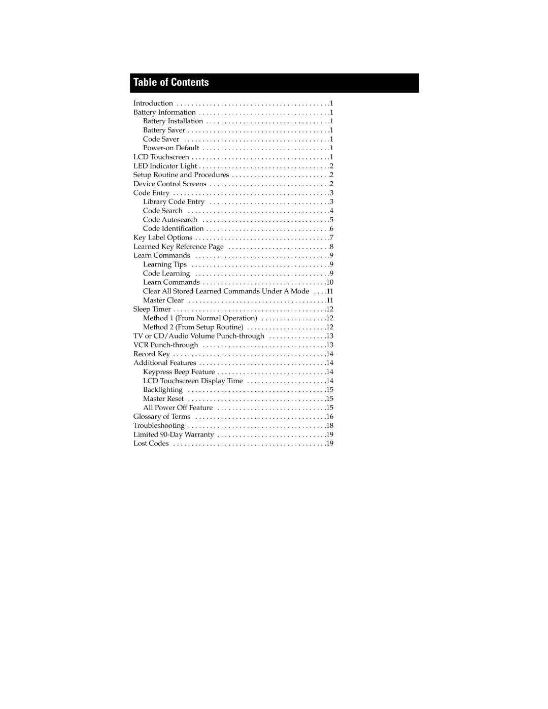 Jasco RM24941 instruction manual Table of Contents 