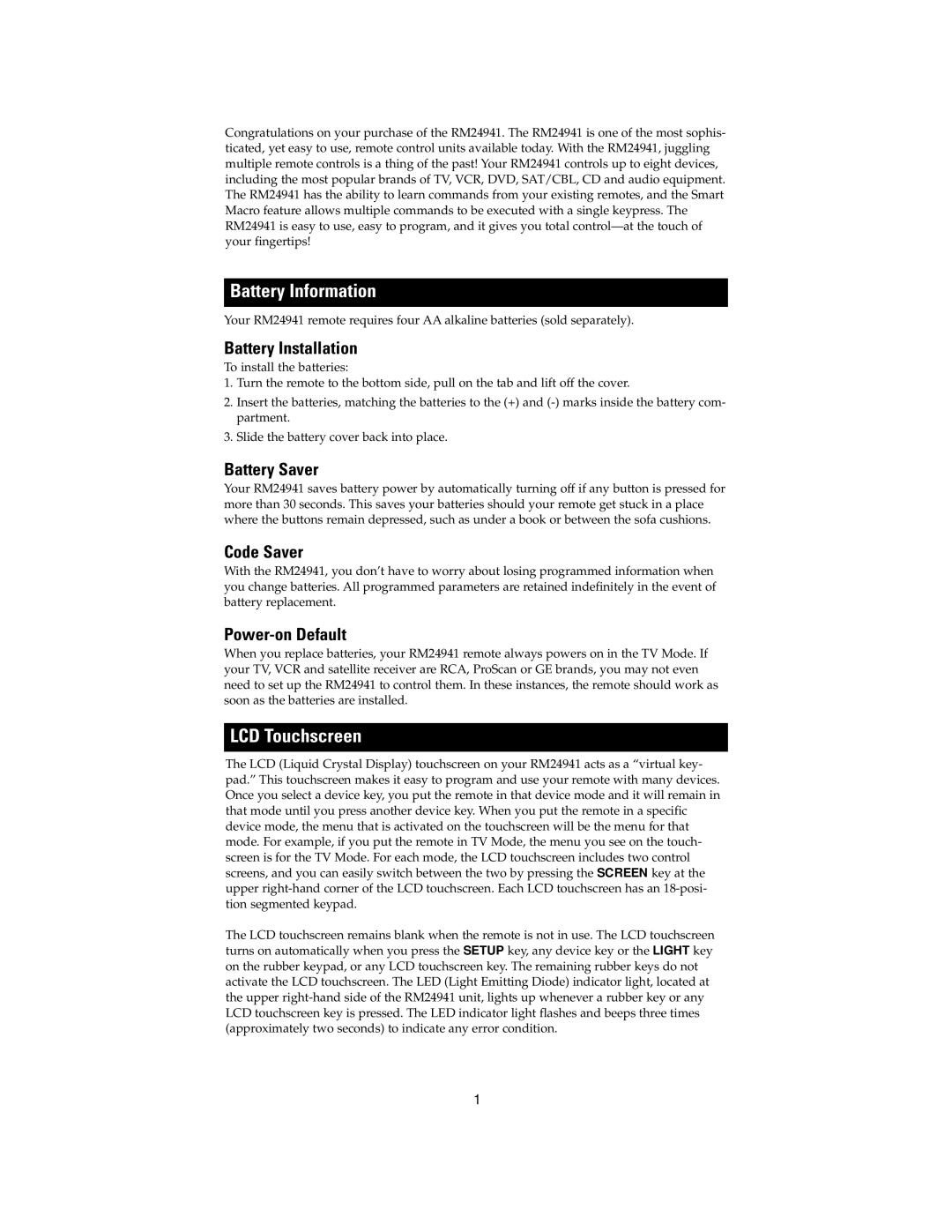 Jasco RM24941 instruction manual Battery Information, LCD Touchscreen 