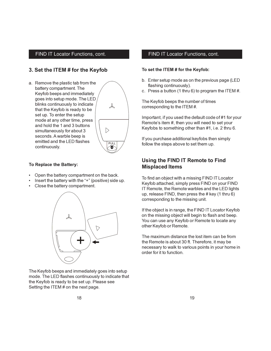 Jasco RM24945 Set the Item # for the Keyfob, Using the Find IT Remote to Find Misplaced Items, To Replace the Battery 