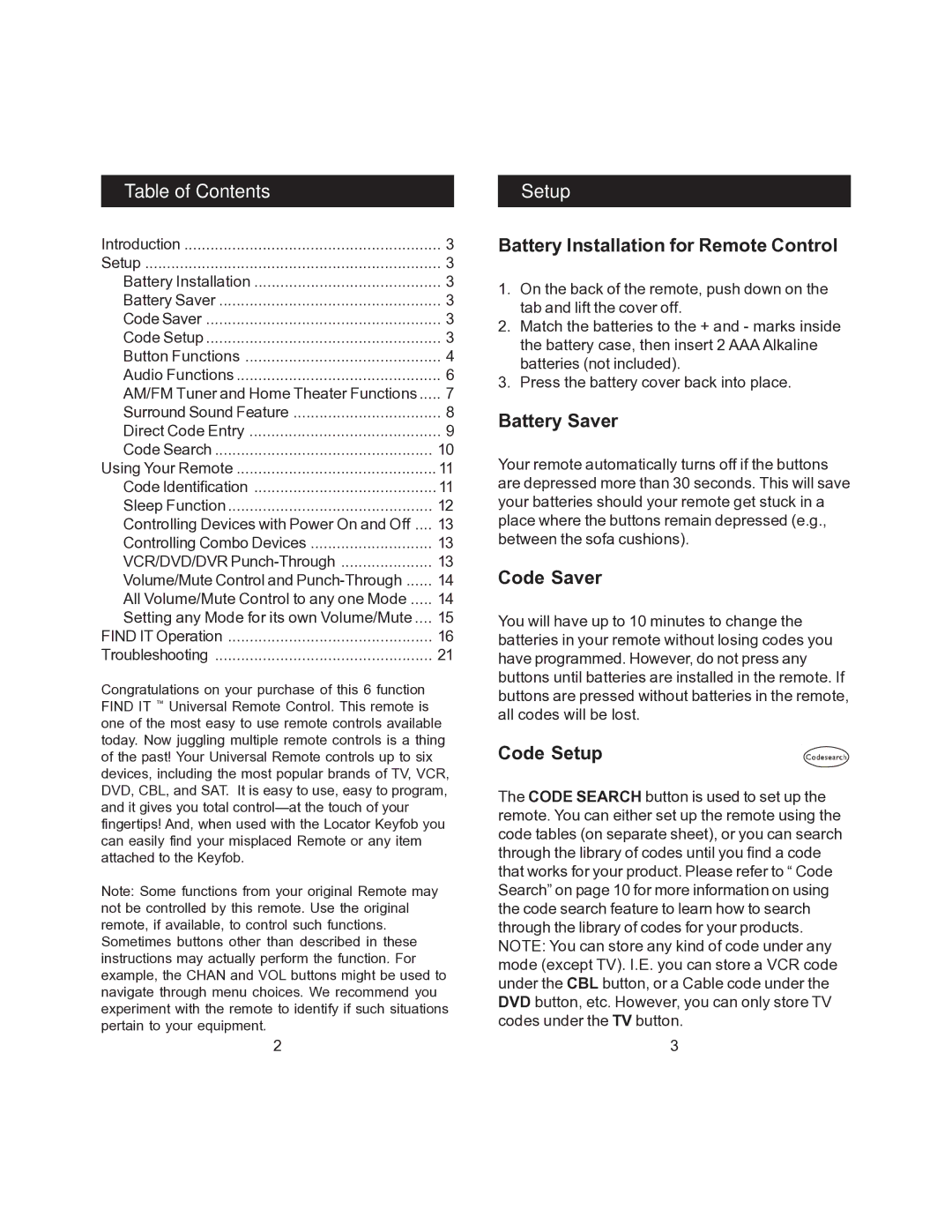 Jasco RM24945 instruction manual Table of Contents, Setup 