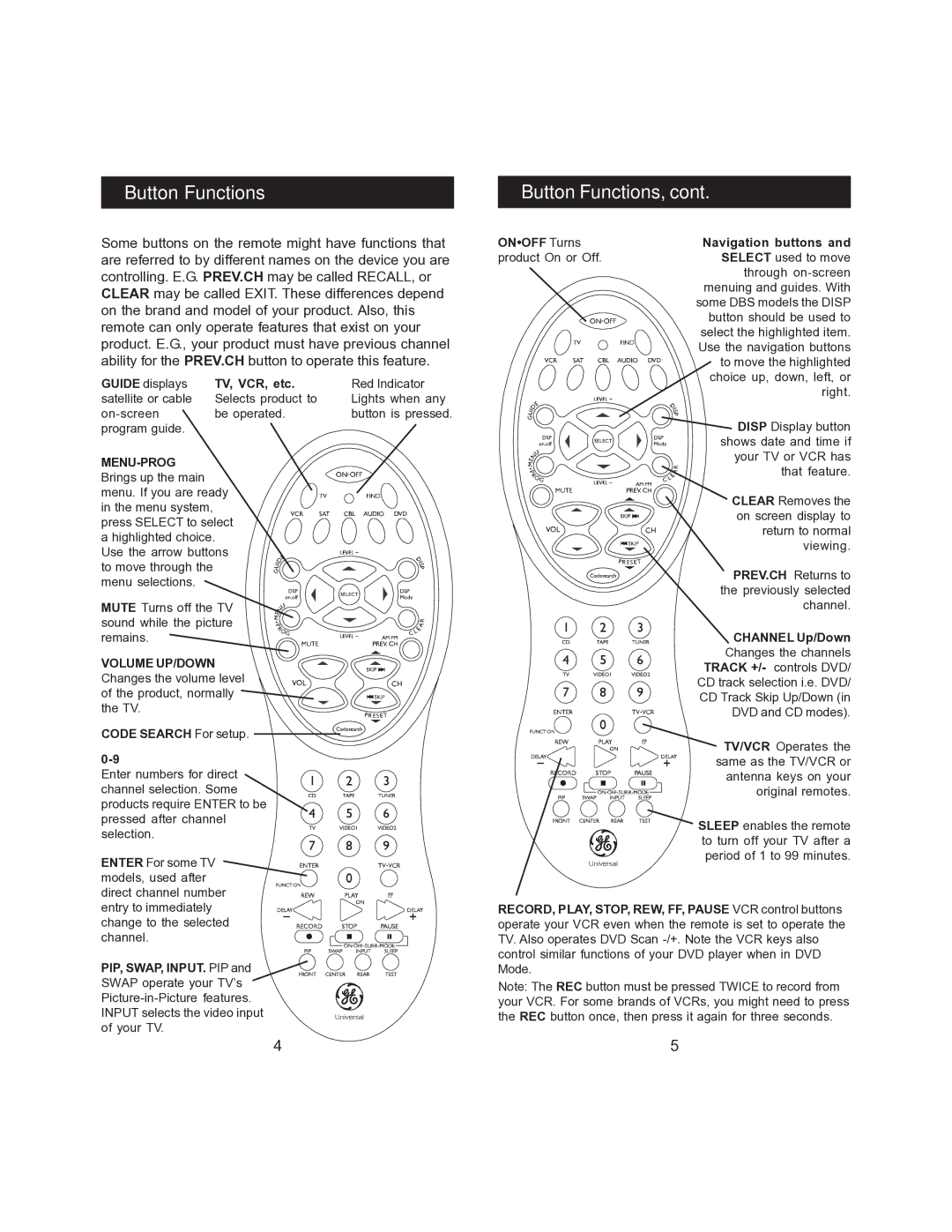 Jasco RM24945 instruction manual Button Functions 